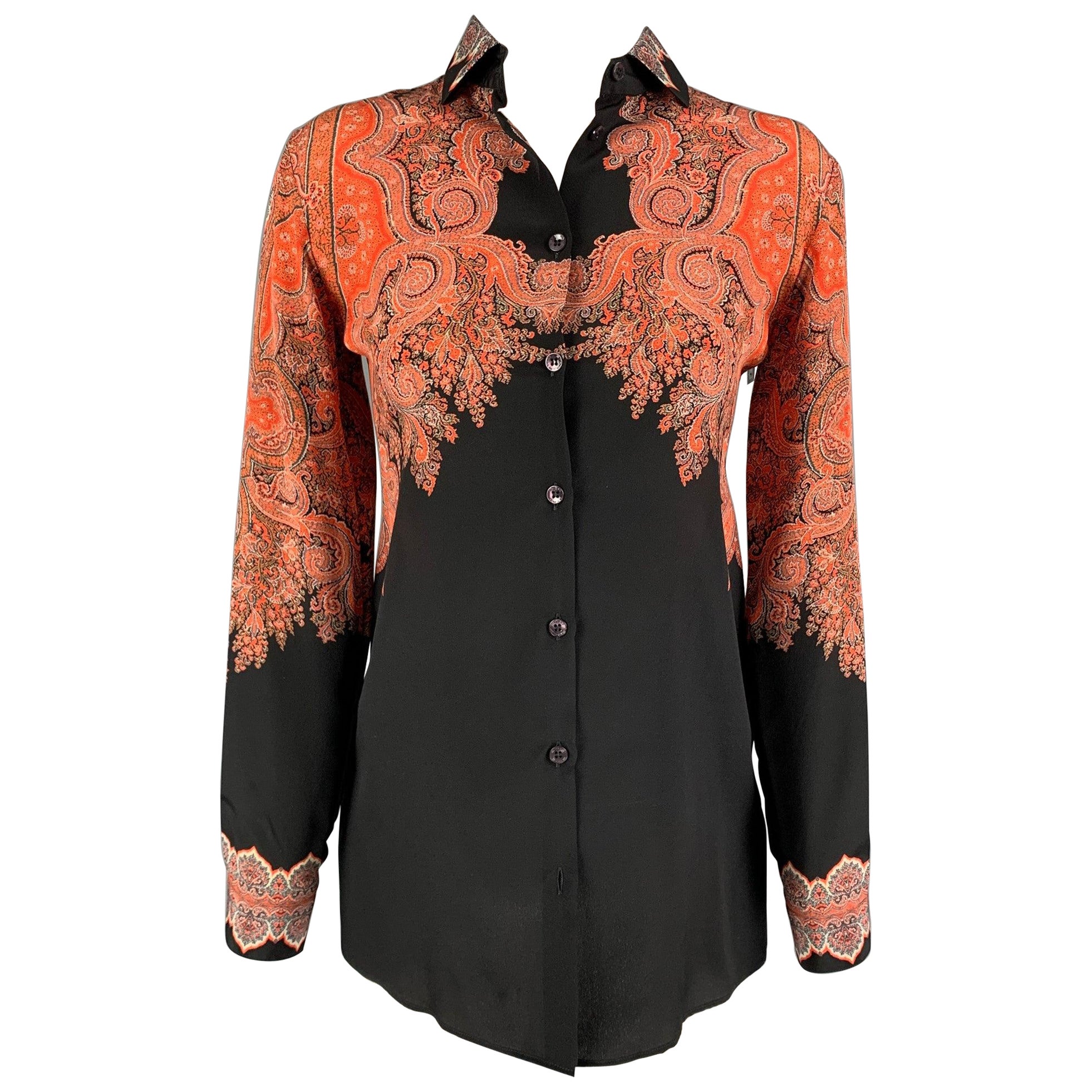 ETRO Größe 2 Orange Schwarzes Seiden-Blumenkleid mit Paisleymuster
