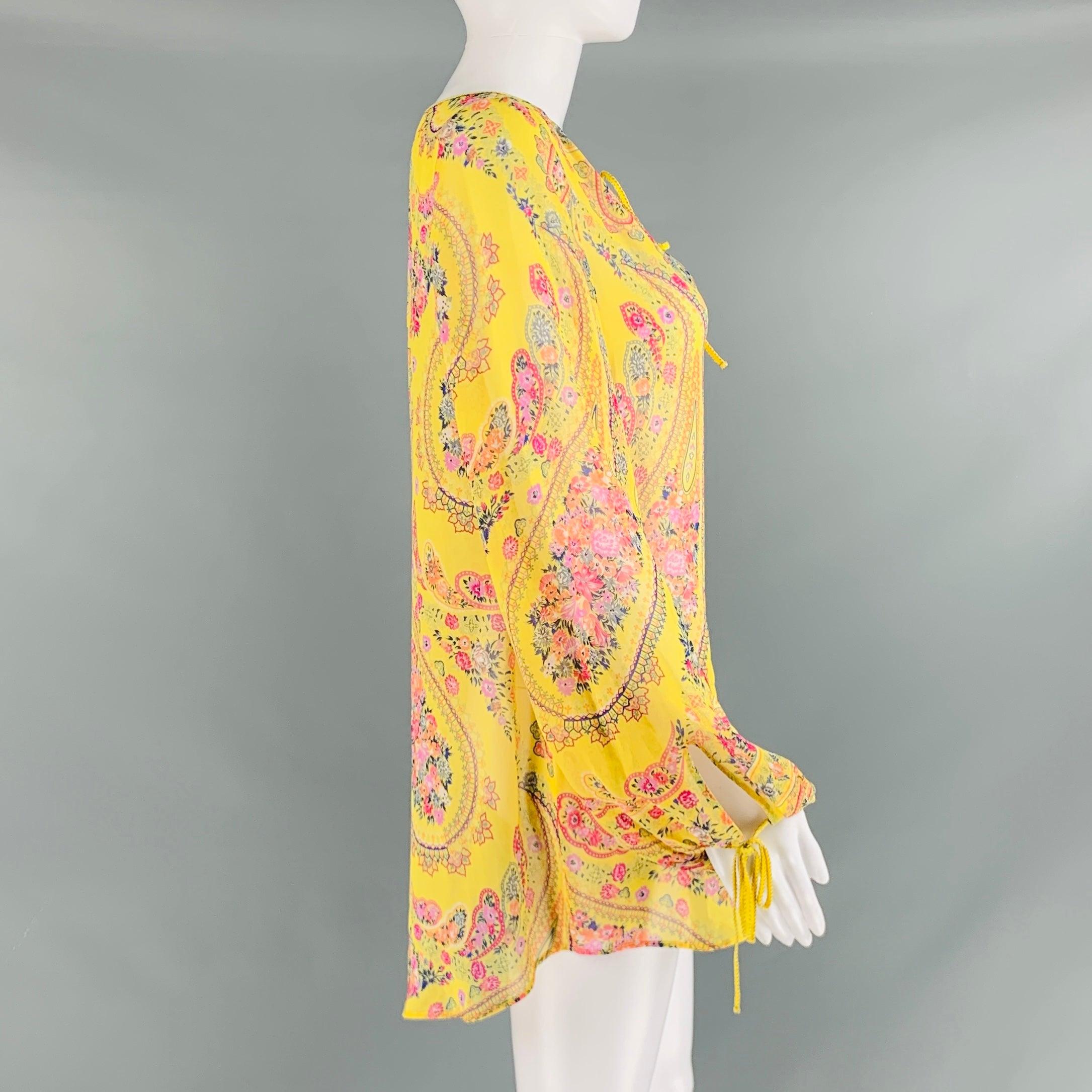 ETRO Size 2 Yellow Pink Silk Floral Long Sleeve Blouse In Excellent Condition For Sale In San Francisco, CA