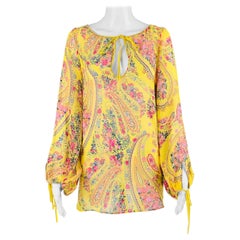 ETRO Talla 2 Amarillo Rosa Seda Floral Blusa Manga Larga