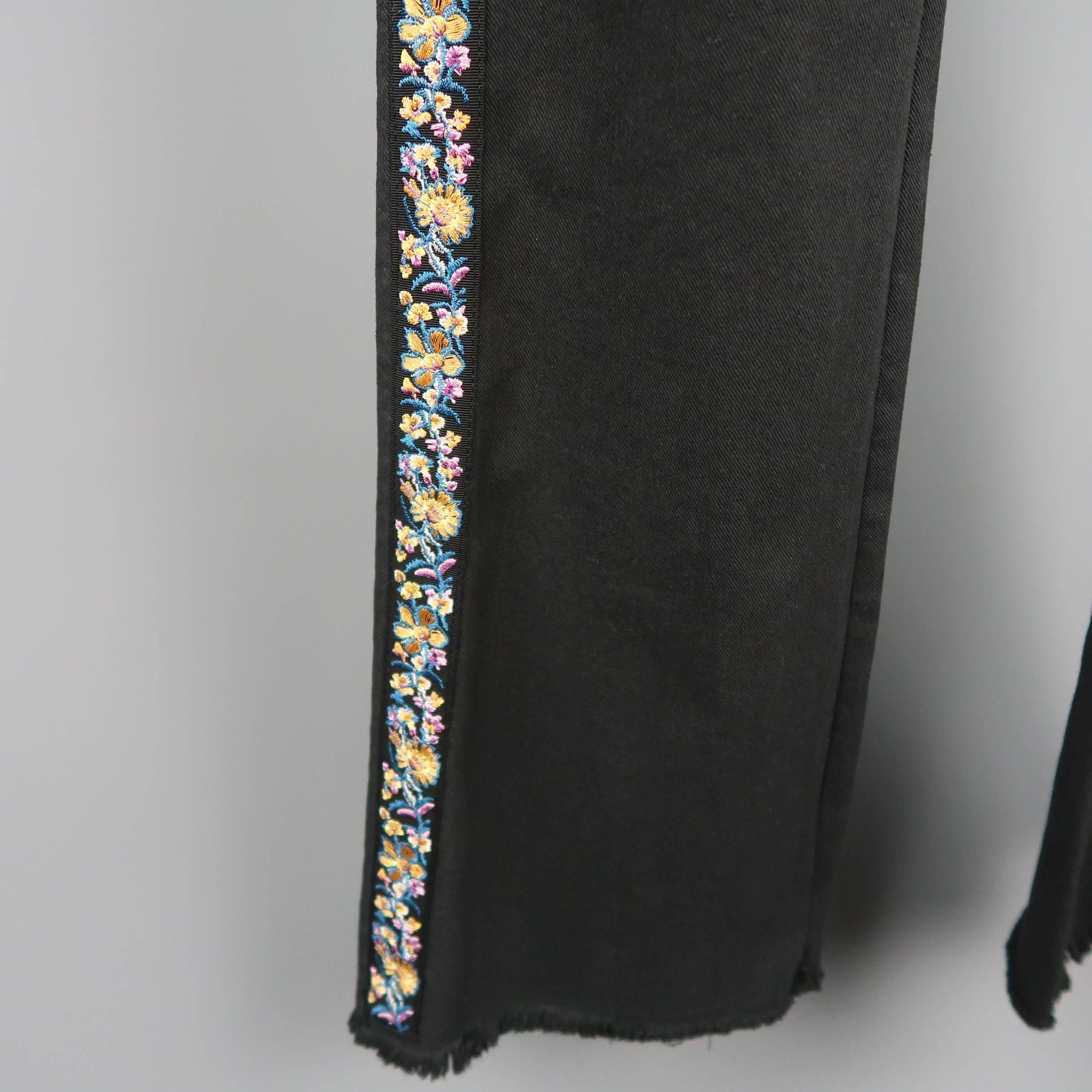 Women's ETRO Size 29 Black Stretch Cotton Floral Trim Boot Cut Jeans