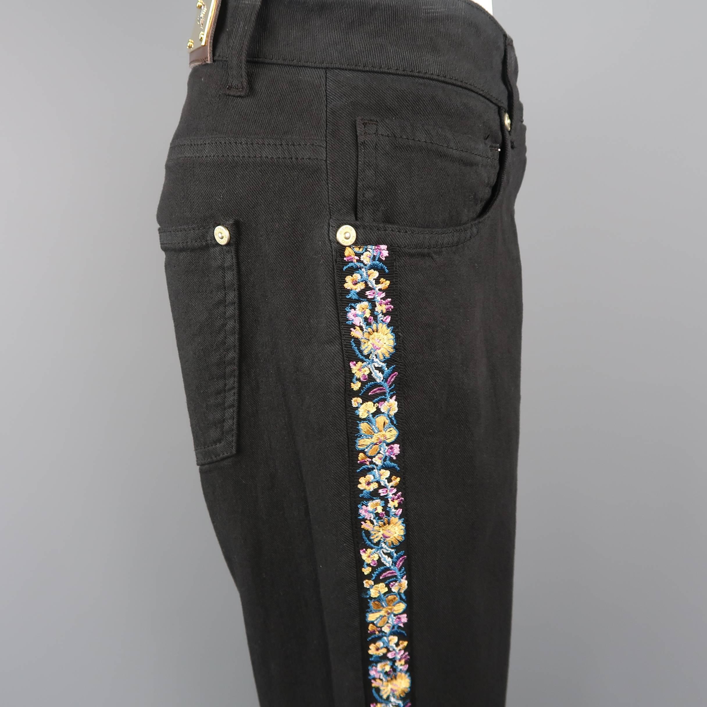 ETRO Size 29 Black Stretch Cotton Floral Trim Boot Cut Jeans 1