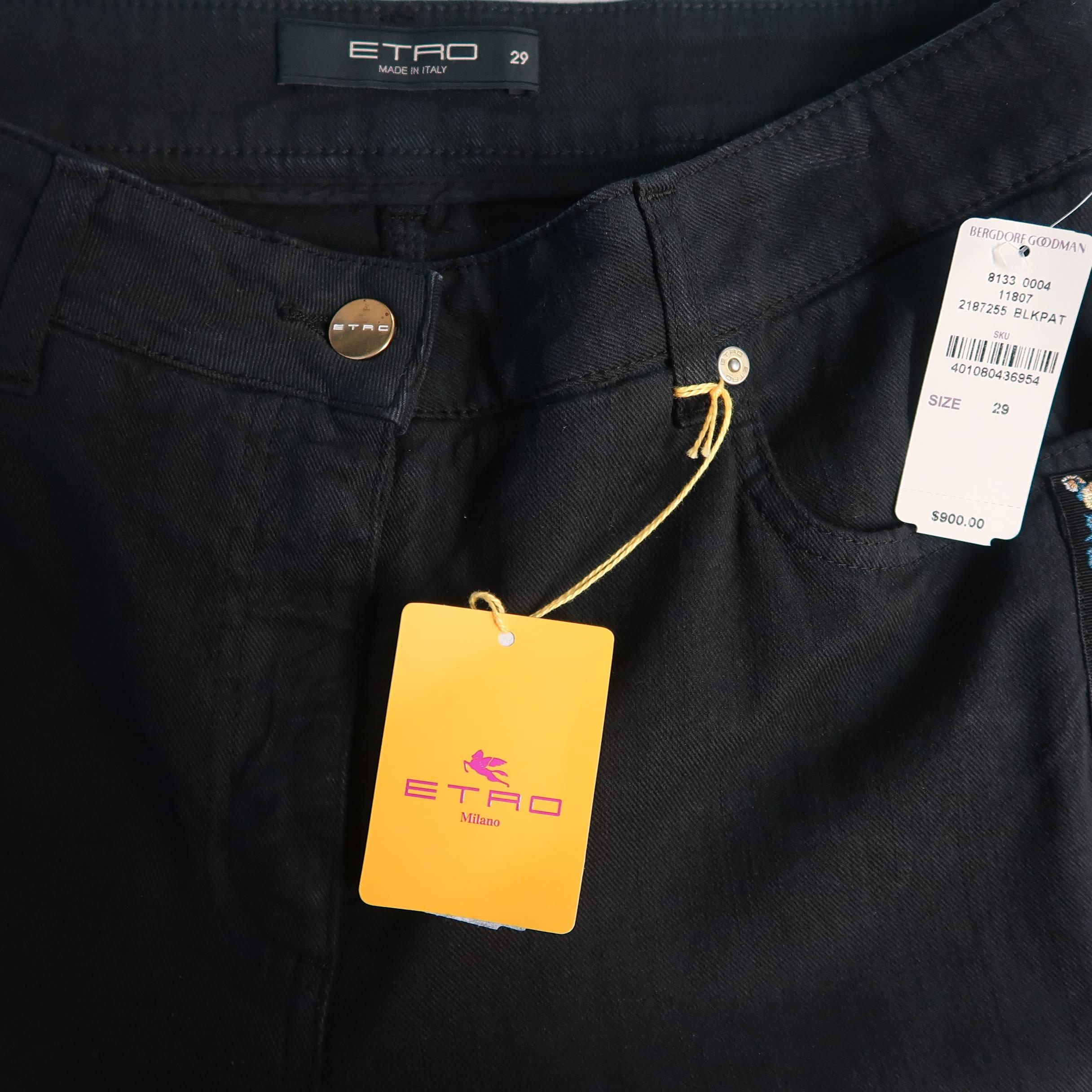 ETRO Size 29 Black Stretch Cotton Floral Trim Boot Cut Jeans 4