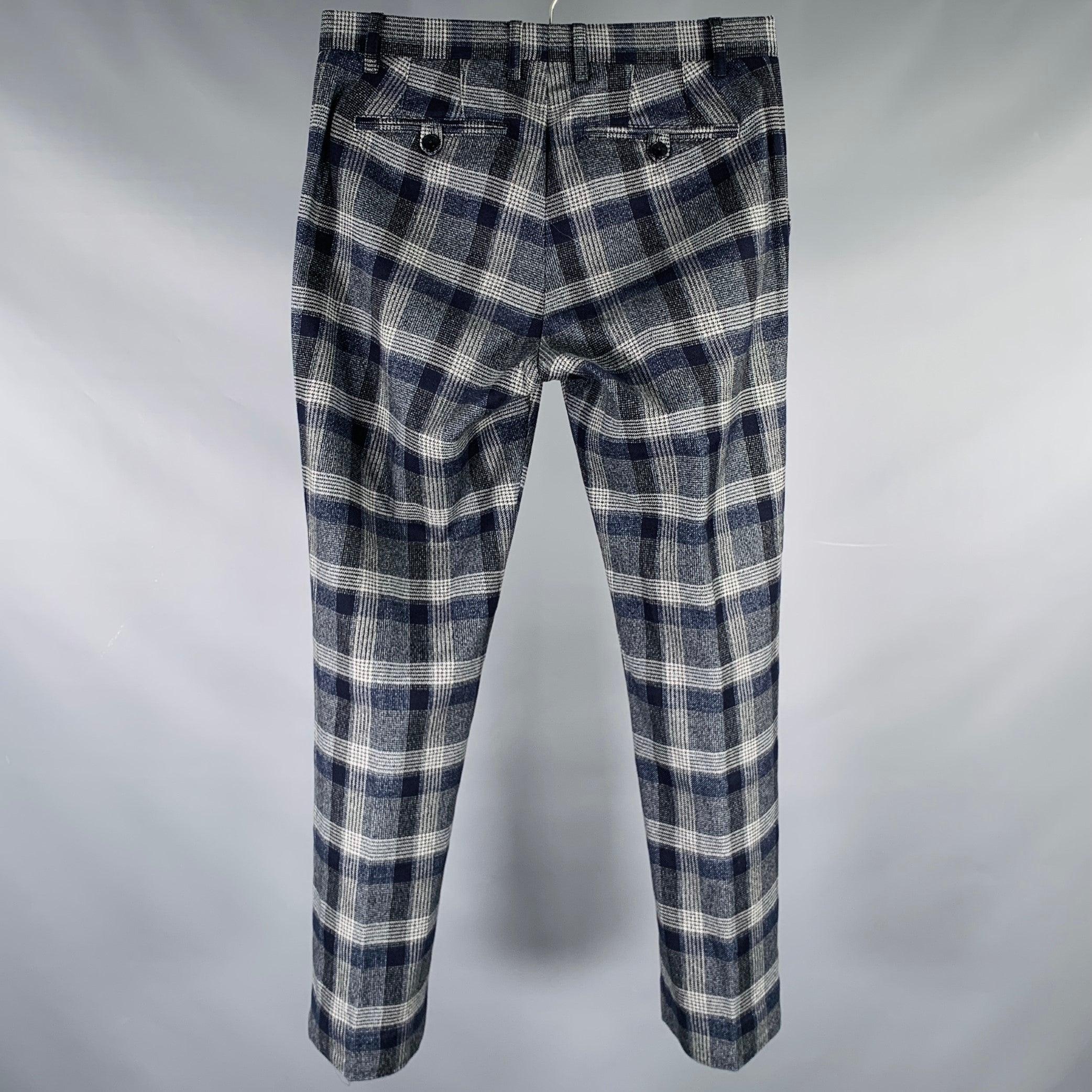 Gray ETRO Size 30 Navy Grey Plaid Cotton Zip Fly Dress Pants For Sale
