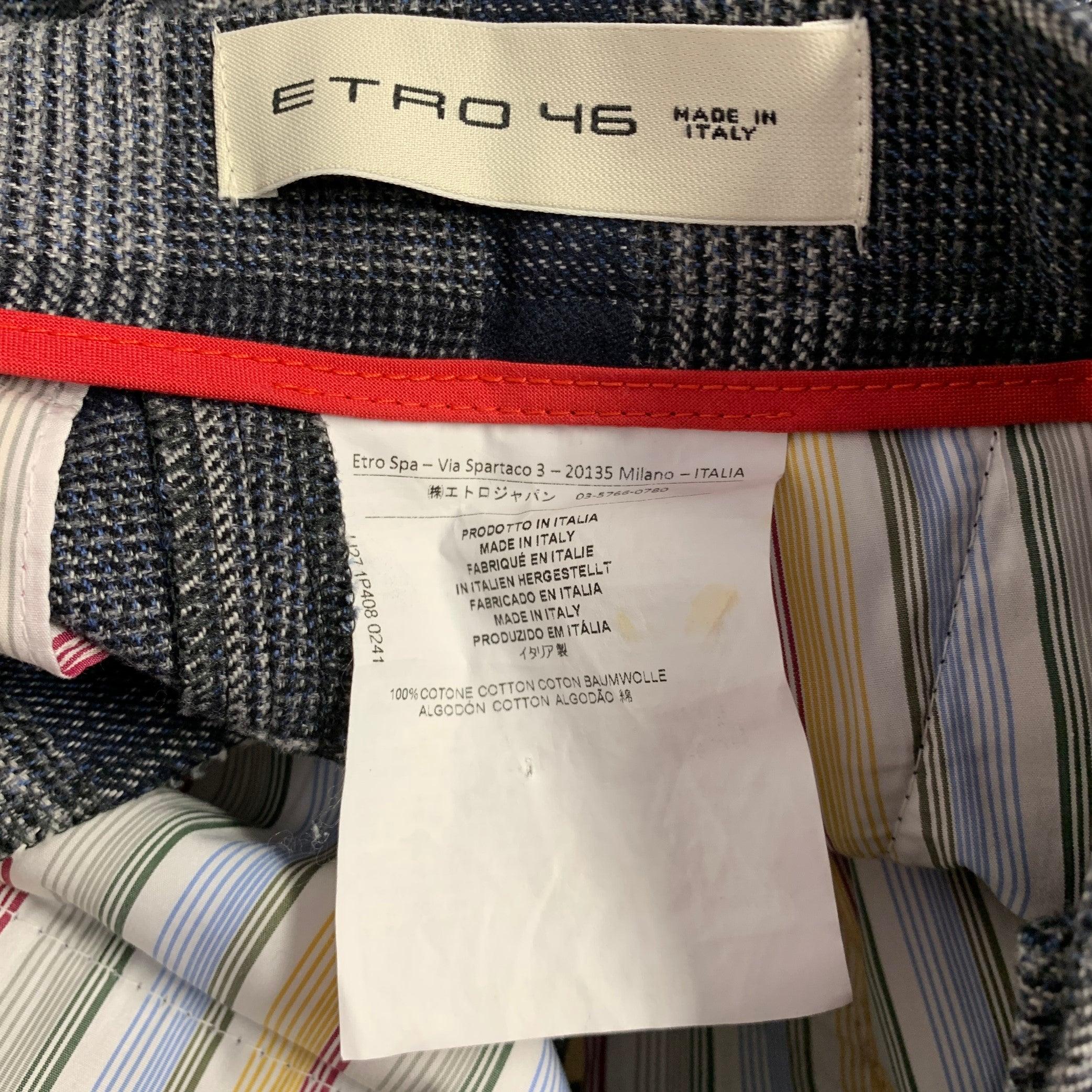 ETRO Size 30 Navy Grey Plaid Cotton Zip Fly Dress Pants In Excellent Condition For Sale In San Francisco, CA