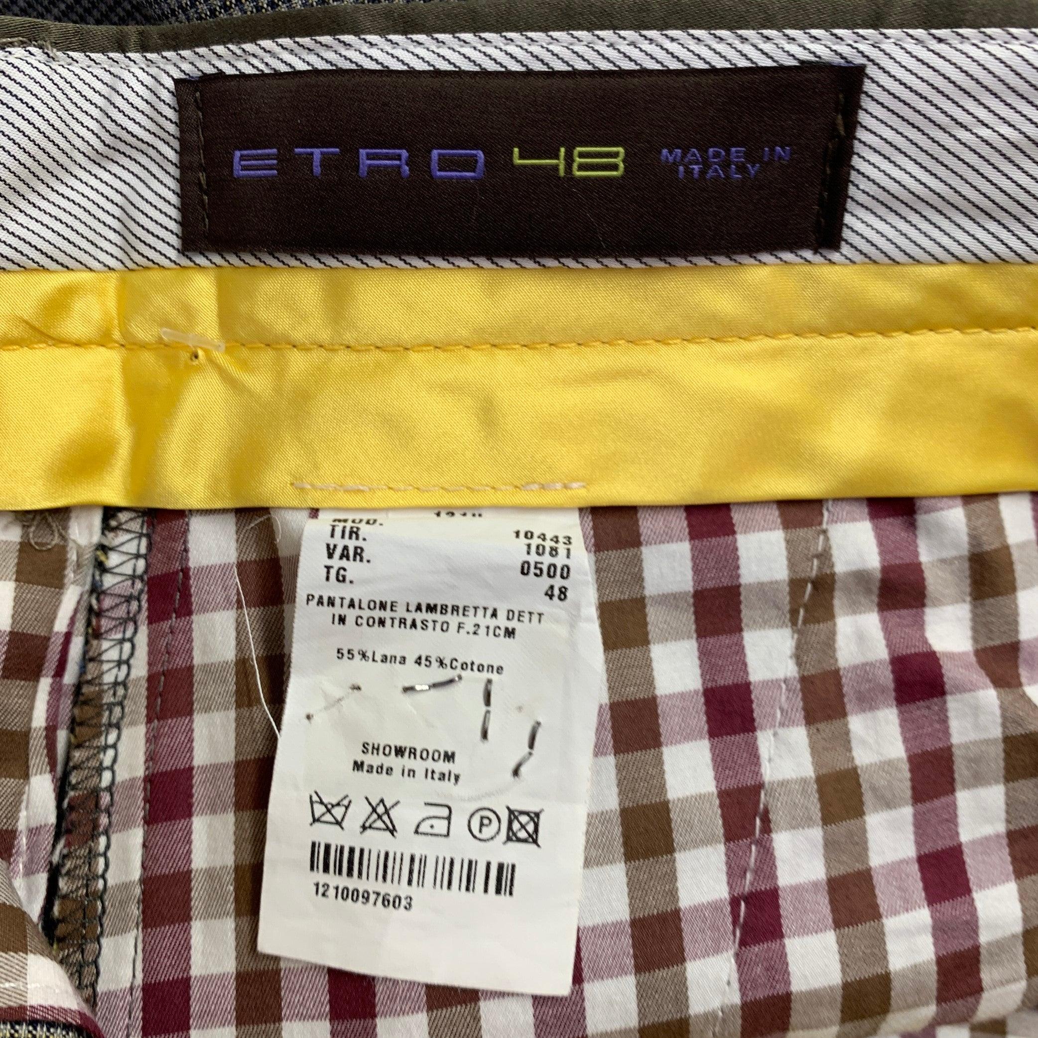 Men's ETRO Size 32 Black Grey Woven Wool Cotton Flat Front Casual Pants For Sale