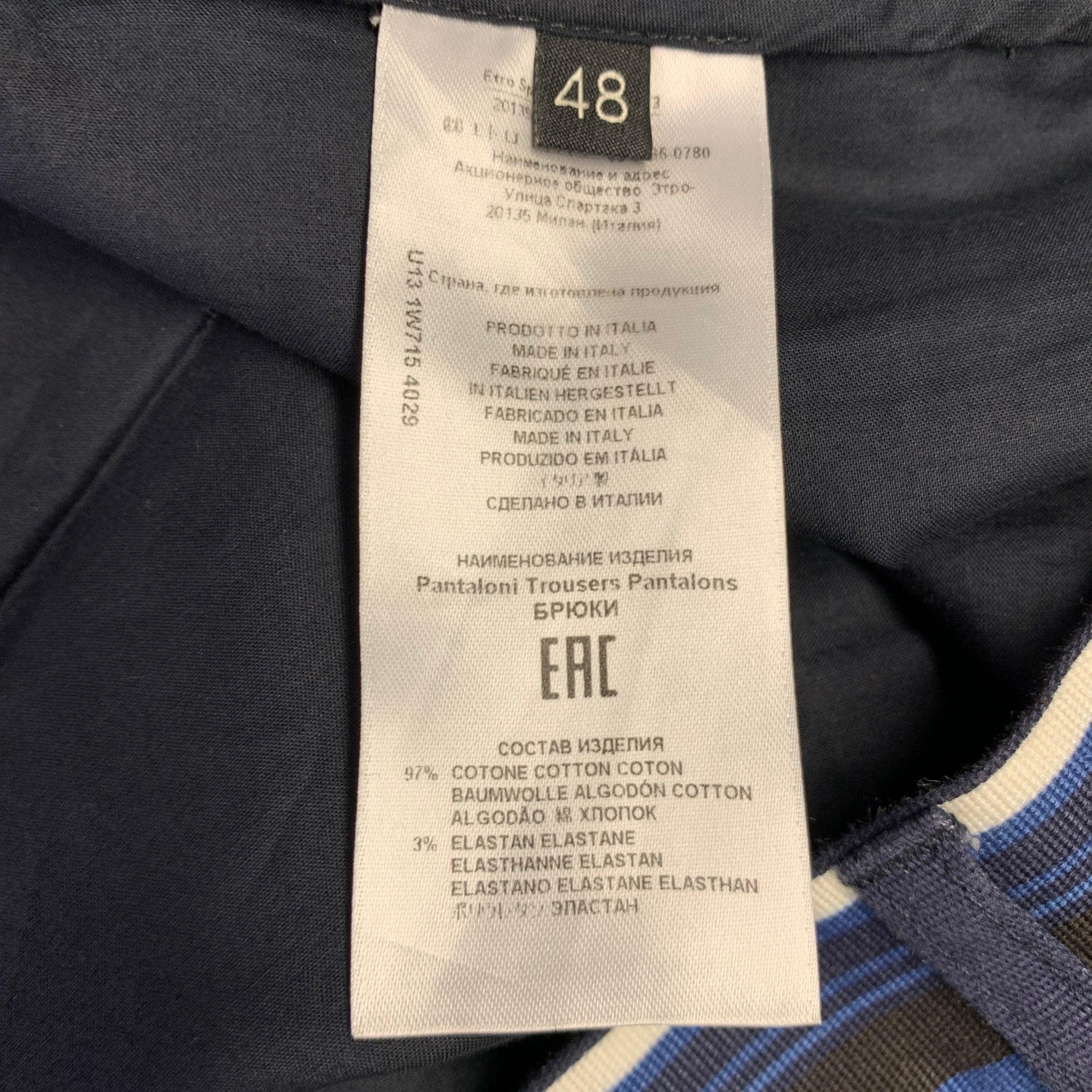 ETRO Size 32 Blue Black White Stripe Cotton Blend Flat Front Casual Pants In Excellent Condition For Sale In San Francisco, CA