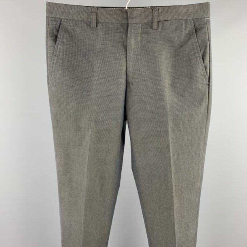 ETRO dress pants comes in a charcoal grid print cotton featuring a flat front, slit pockets, and a zip fly closure. Missing back button. As-Is. Made in Italy.Very Good
 Pre-Owned Condition. 
 

 Marked:  IT 46 
 

 Measurements: 
  Waist: 32 inches