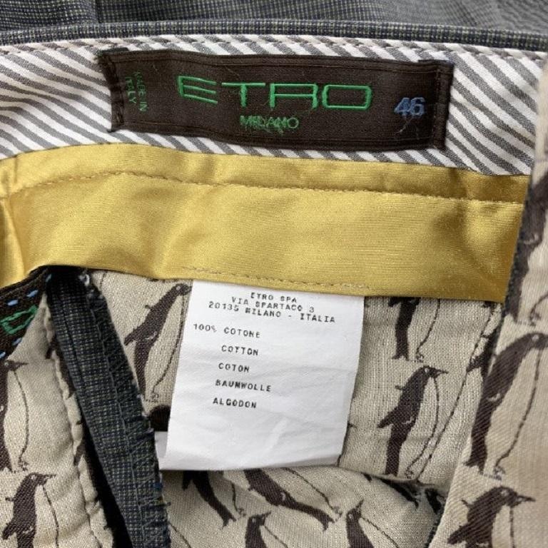 ETRO Taille 32 Pantalon habillé en coton imprimé quadrillé anthracite avec fermeture éclair Pour hommes en vente