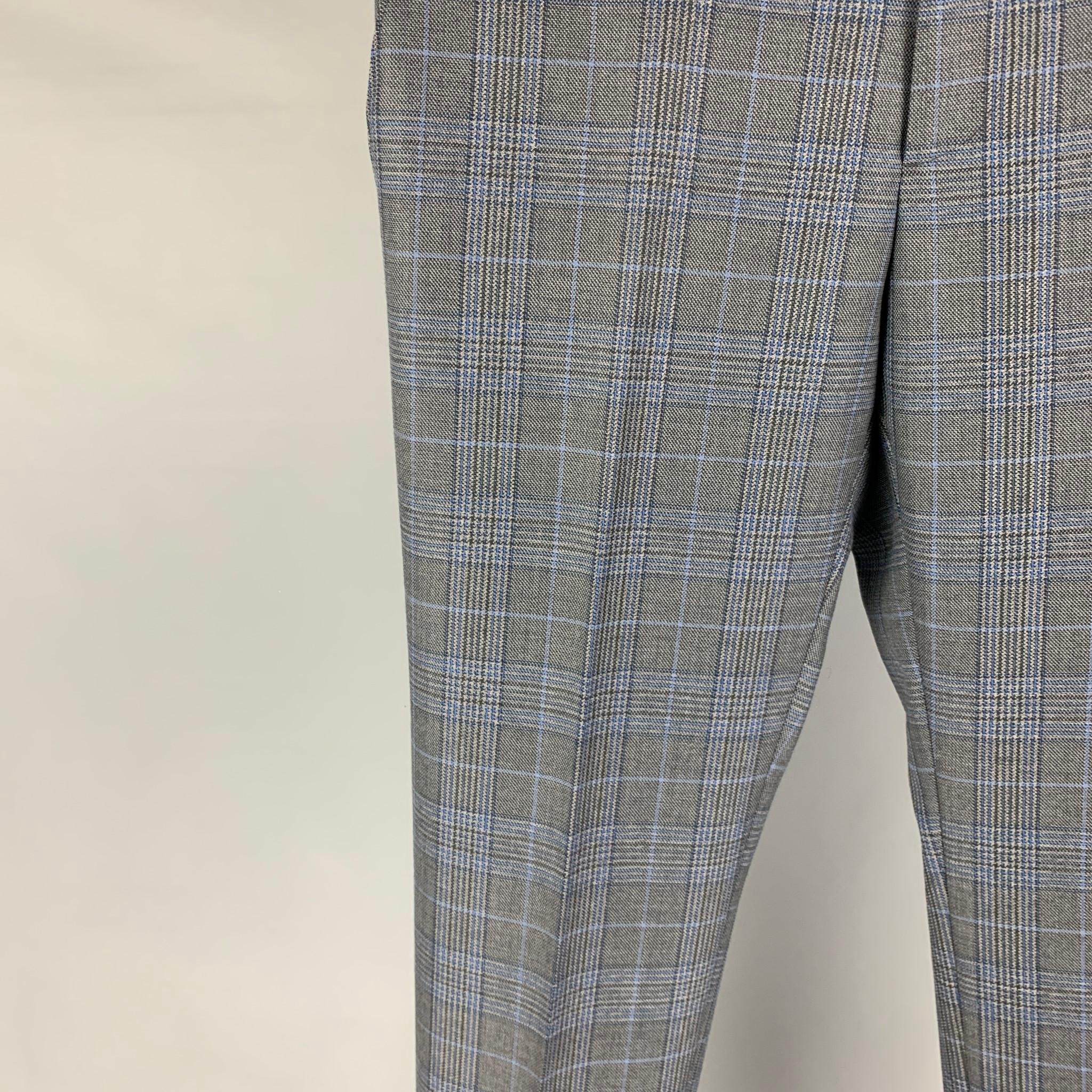ETRO Size 32 Grey Blue Plaid Wool Dress Pants In Excellent Condition In San Francisco, CA
