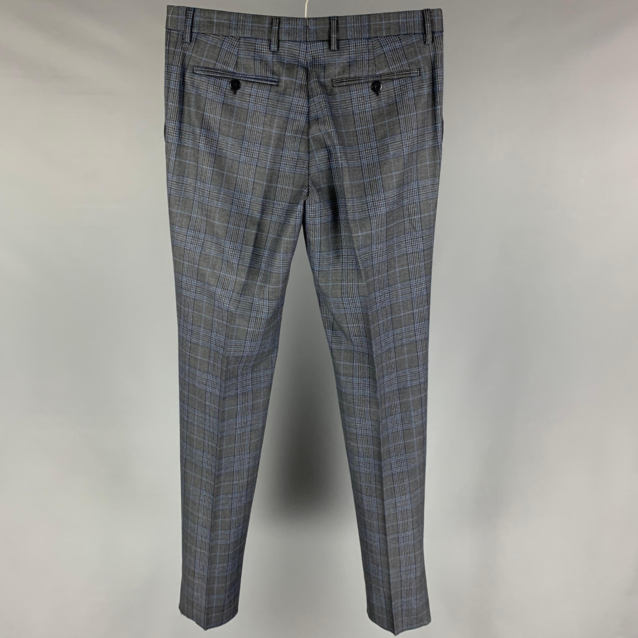 Men's ETRO Size 32 Grey Blue Plaid Wool Dress Pants