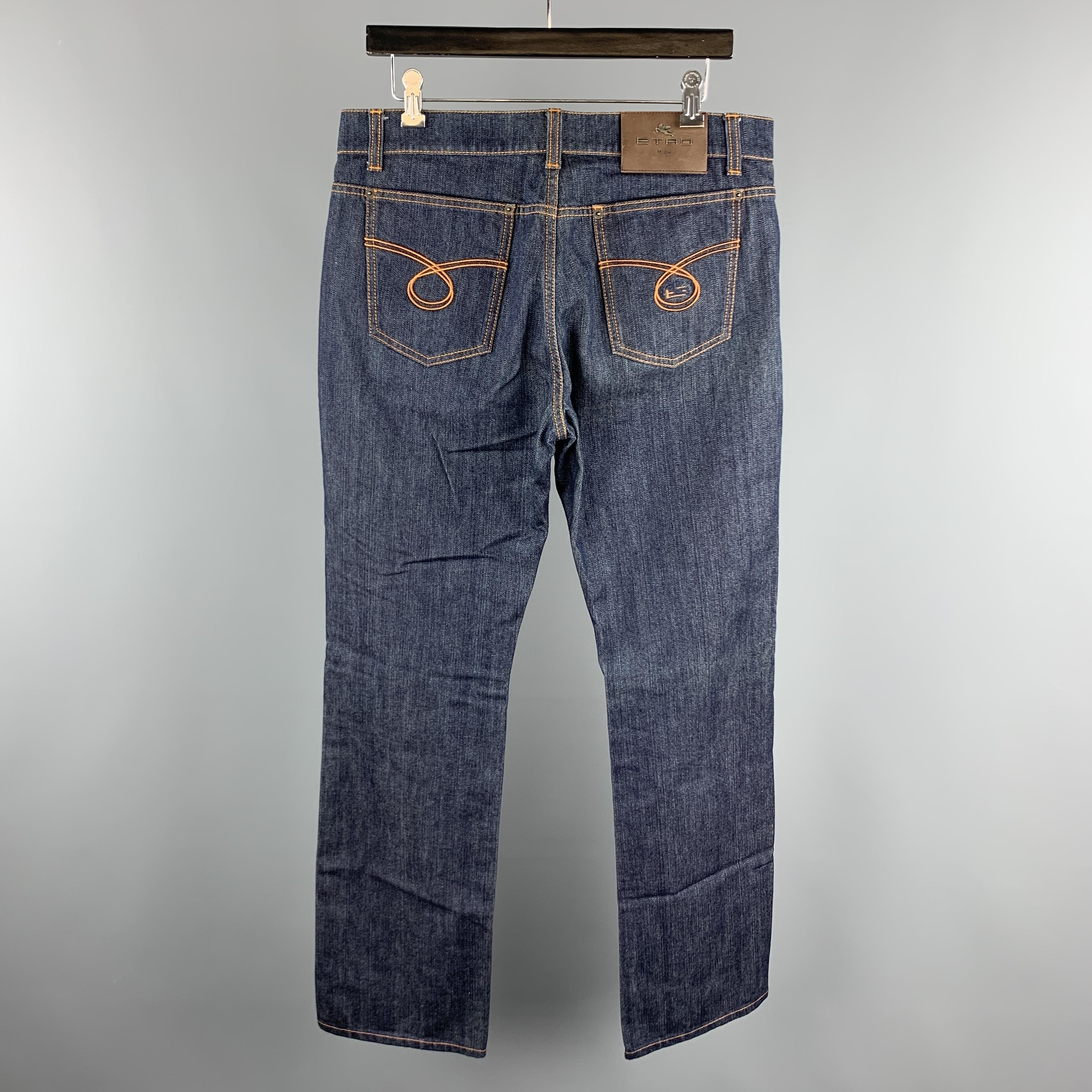 Black ETRO Size 34 Indigo Contrast Stitch Denim Button Fly Jeans