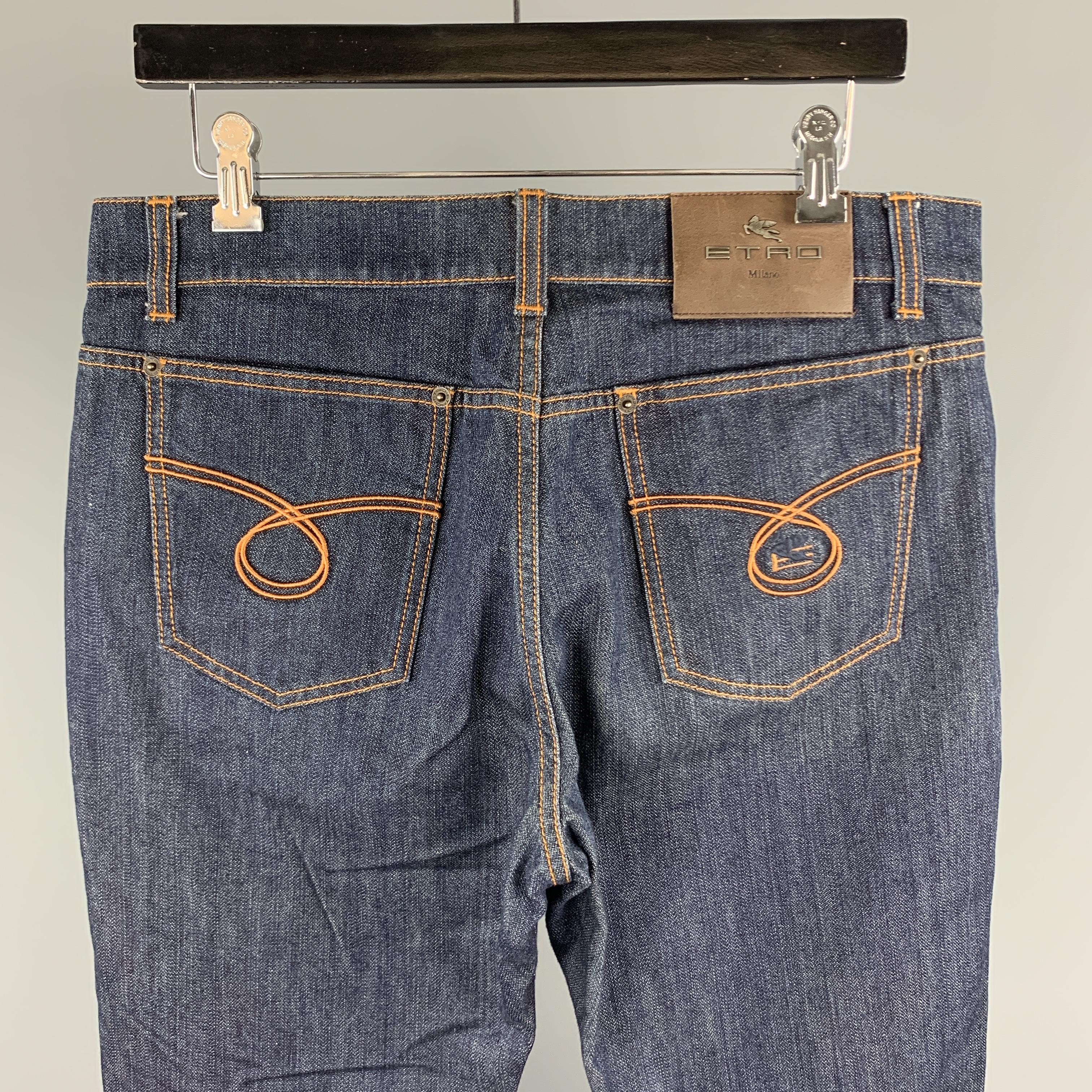 ETRO Size 34 Indigo Contrast Stitch Denim Button Fly Jeans In Excellent Condition In San Francisco, CA