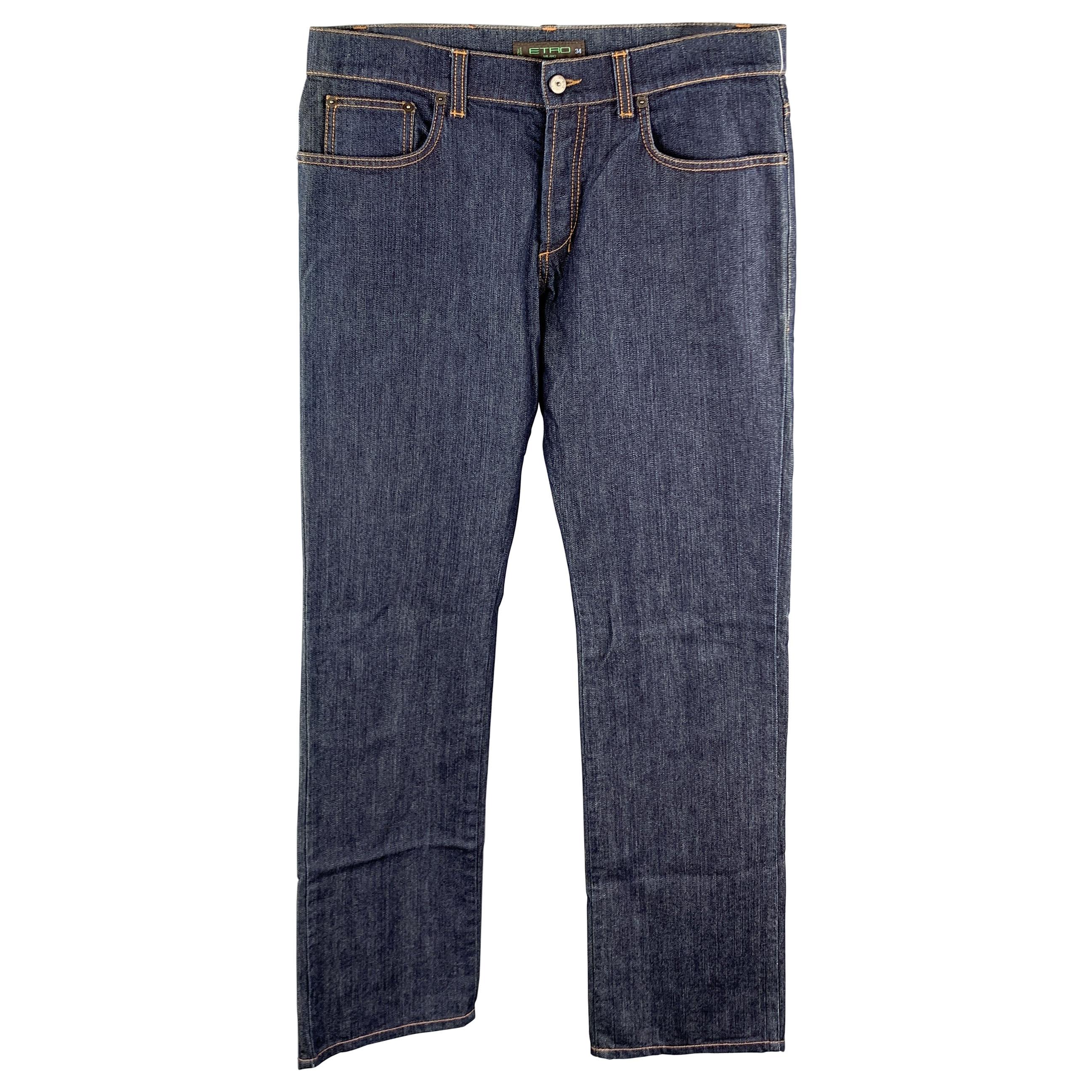 ETRO Size 34 Indigo Contrast Stitch Denim Button Fly Jeans