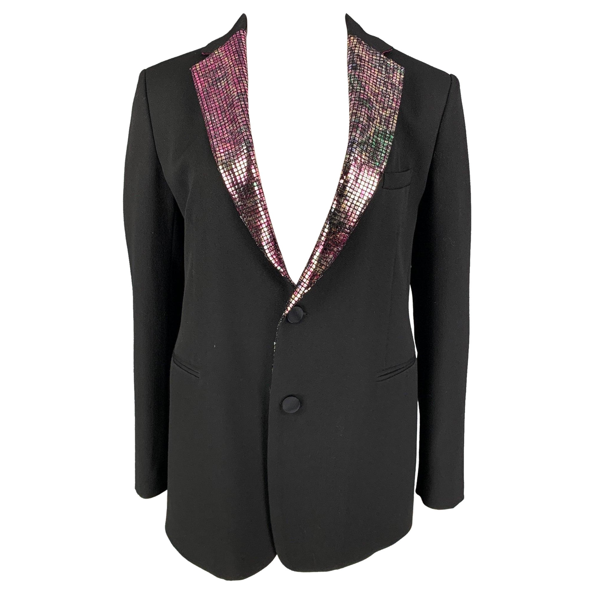 ETRO Talla 36 Chaqueta de lana negra metalizada con solapa de muesca