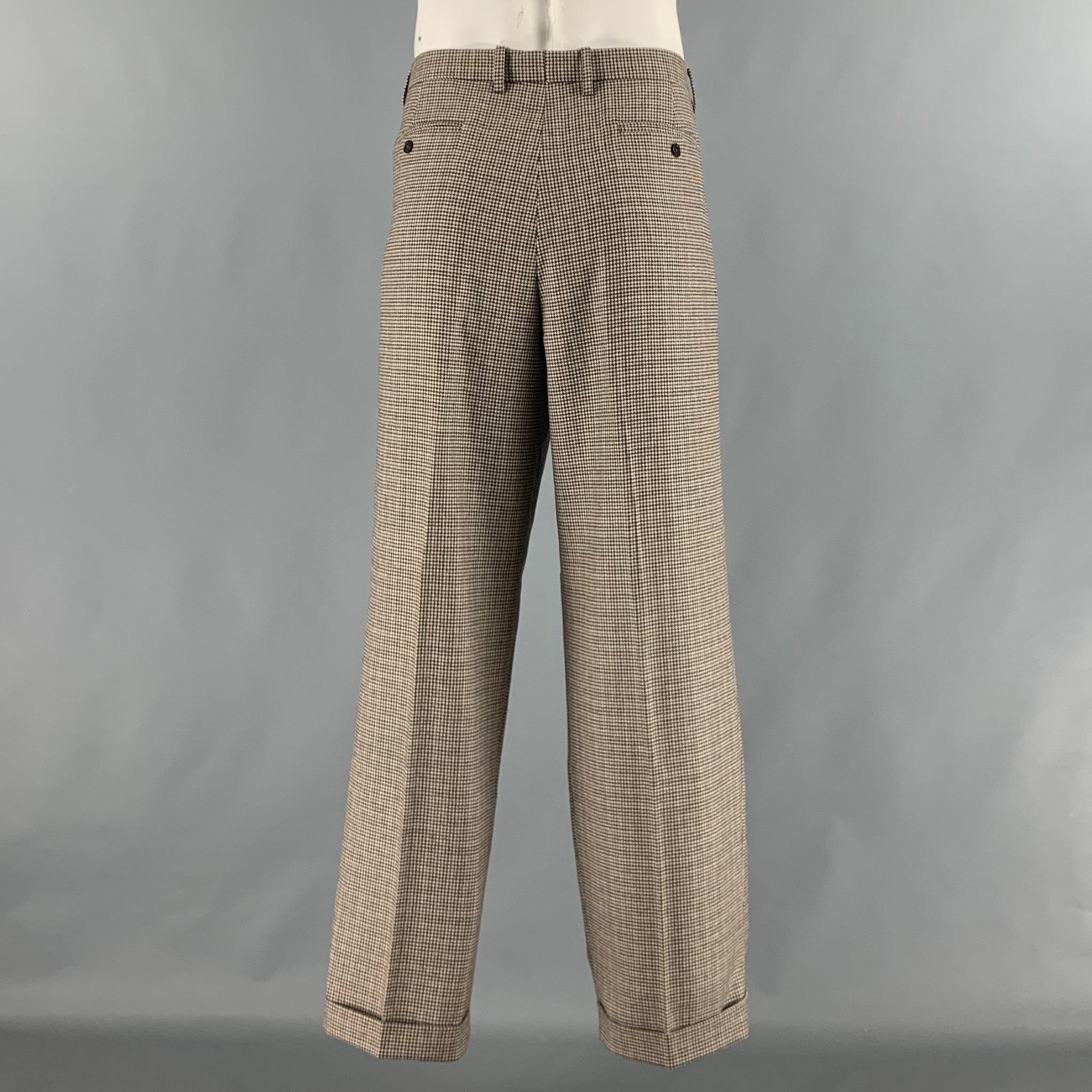 Men's ETRO Size 36 Brown Oatmeal Houndstooth Wool Zip Fly Dress Pants For Sale