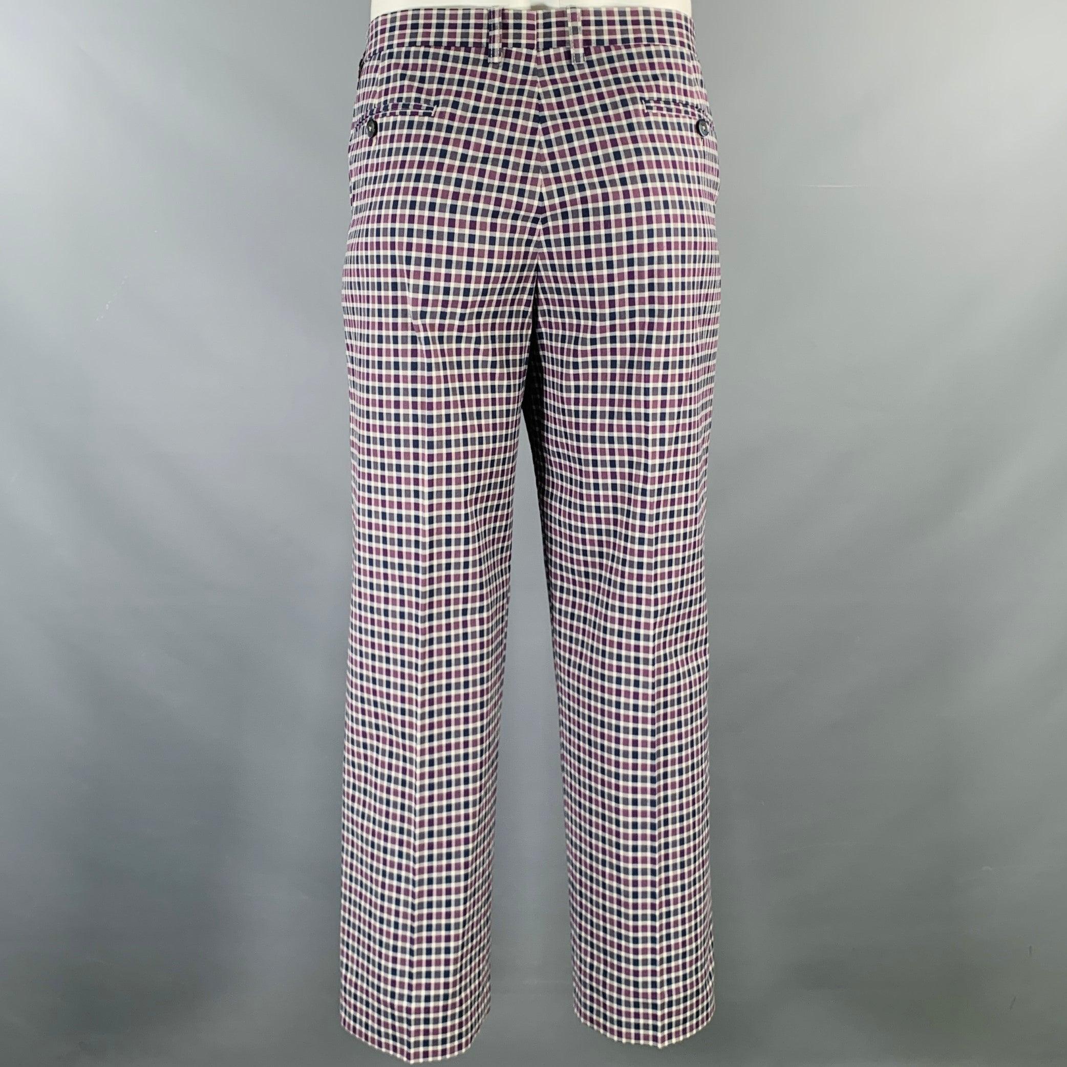 Gray ETRO Size 36 Purple Navy White Checkered Cotton Blend Zip Fly Dress Pants For Sale