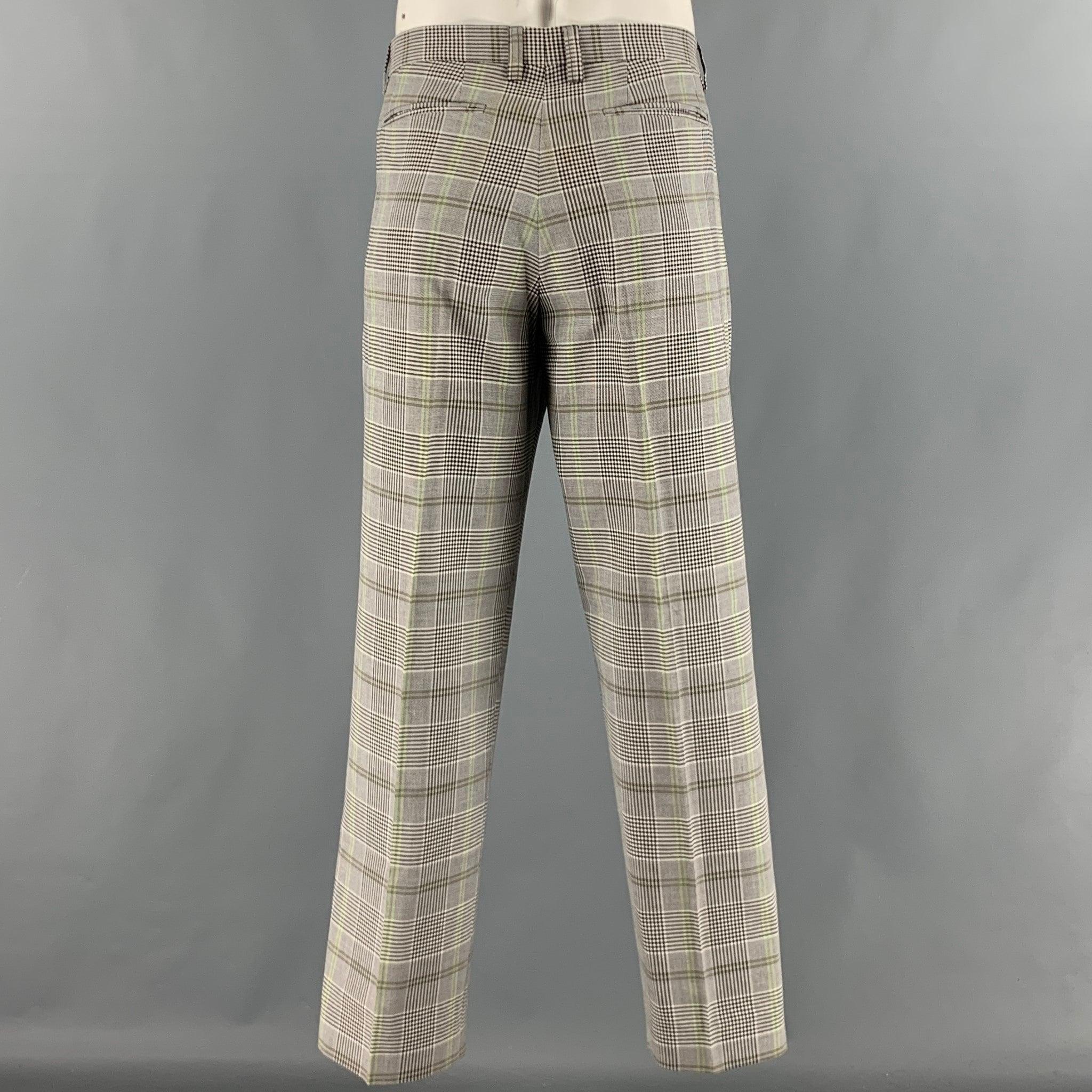 ETRO Size 36 White Black & Green Plaid Wool Cotton Zip Fly Dress Pants In Good Condition For Sale In San Francisco, CA