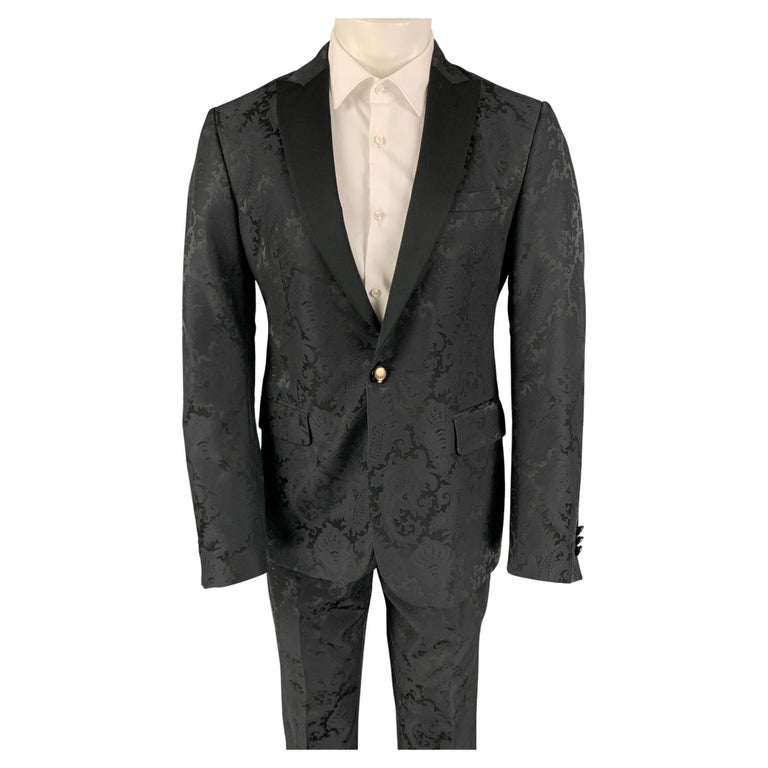 ETRO Size 38 Black Jacquard Wool Viscose Blend Peak Lapel Tuxedo Suit