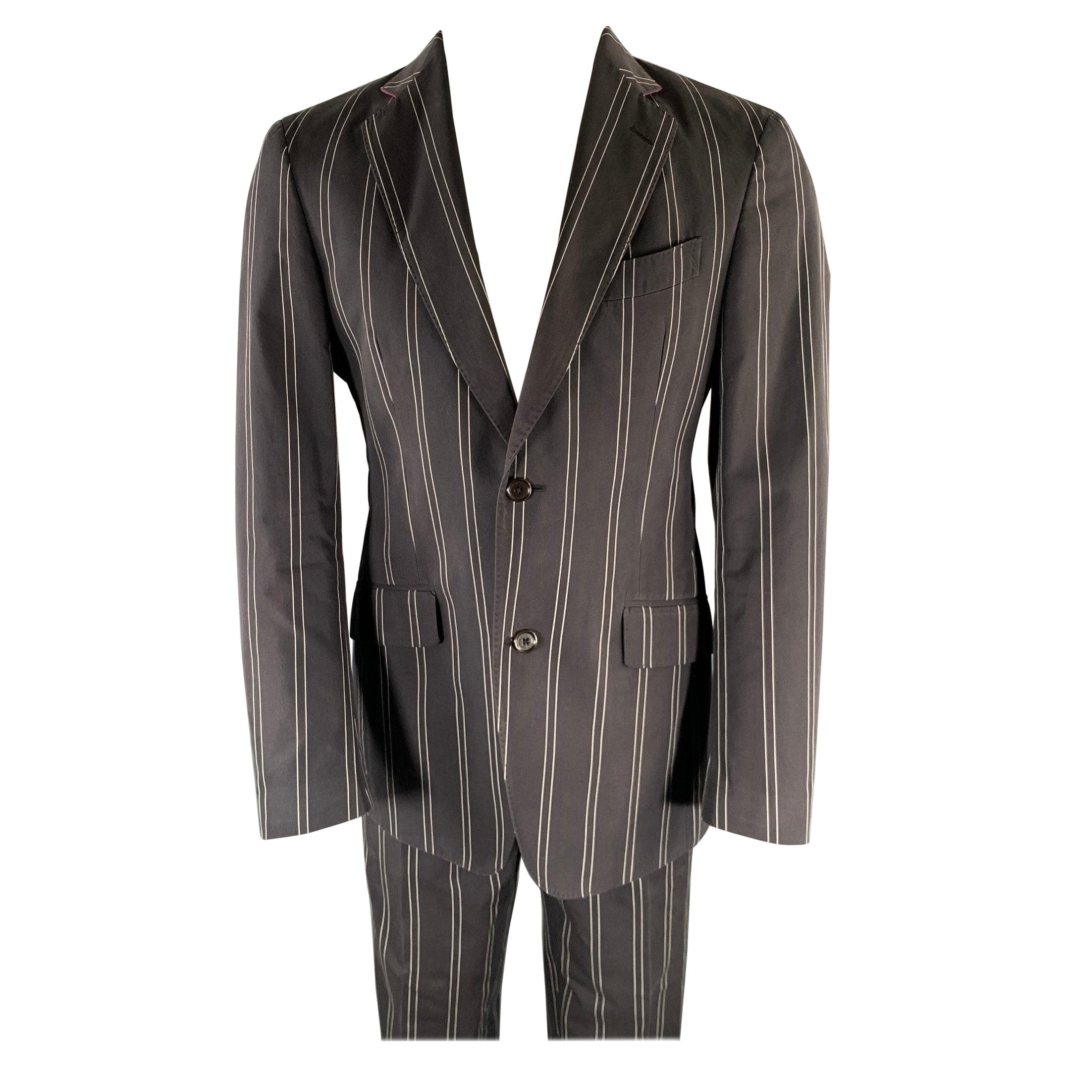 Pre-owned Etro Size 38 Black White Pinstripe Cotton Notch Lapel Suit