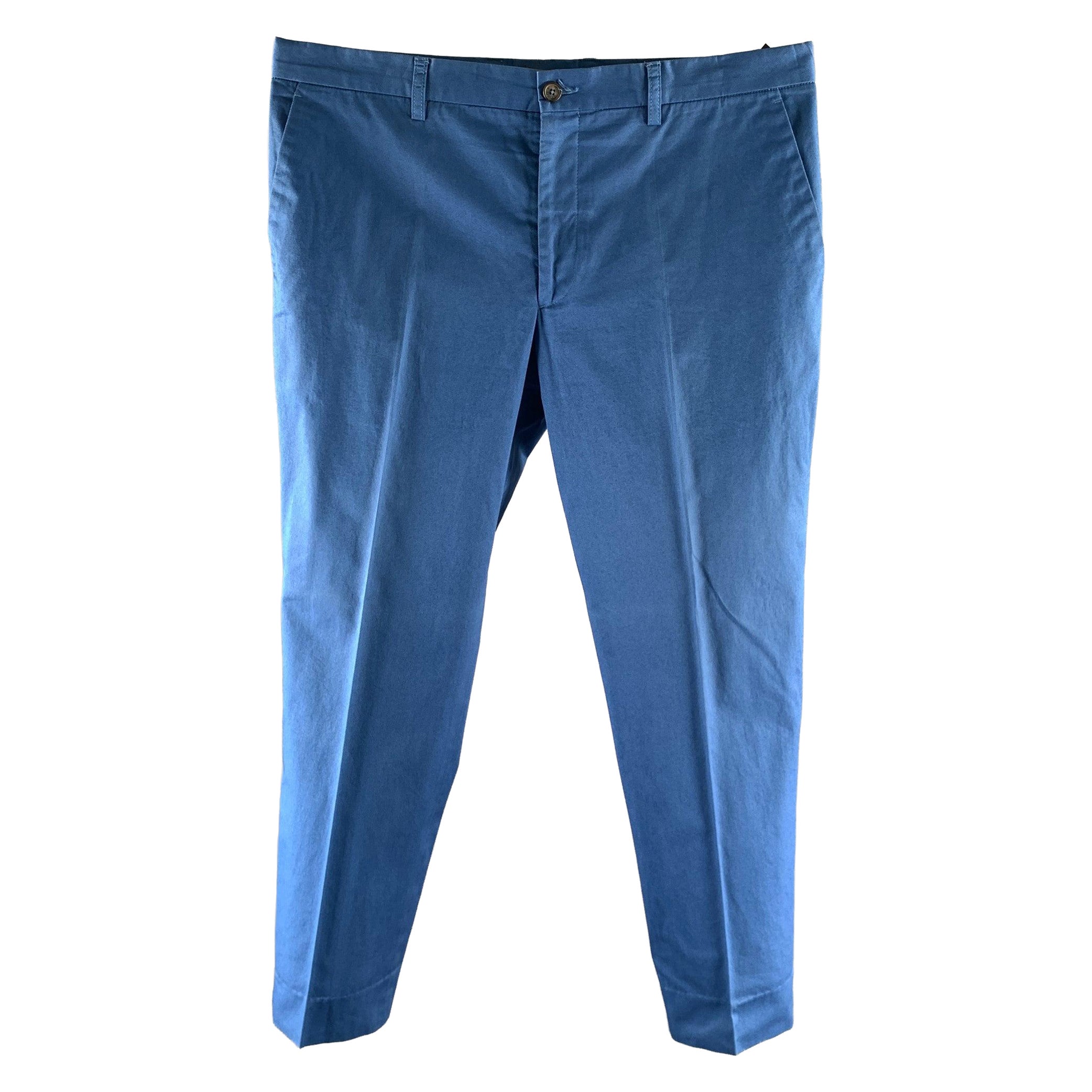 ETRO Taille 38 Pantalon décontracté en coton sergé bleu à devant plat en vente