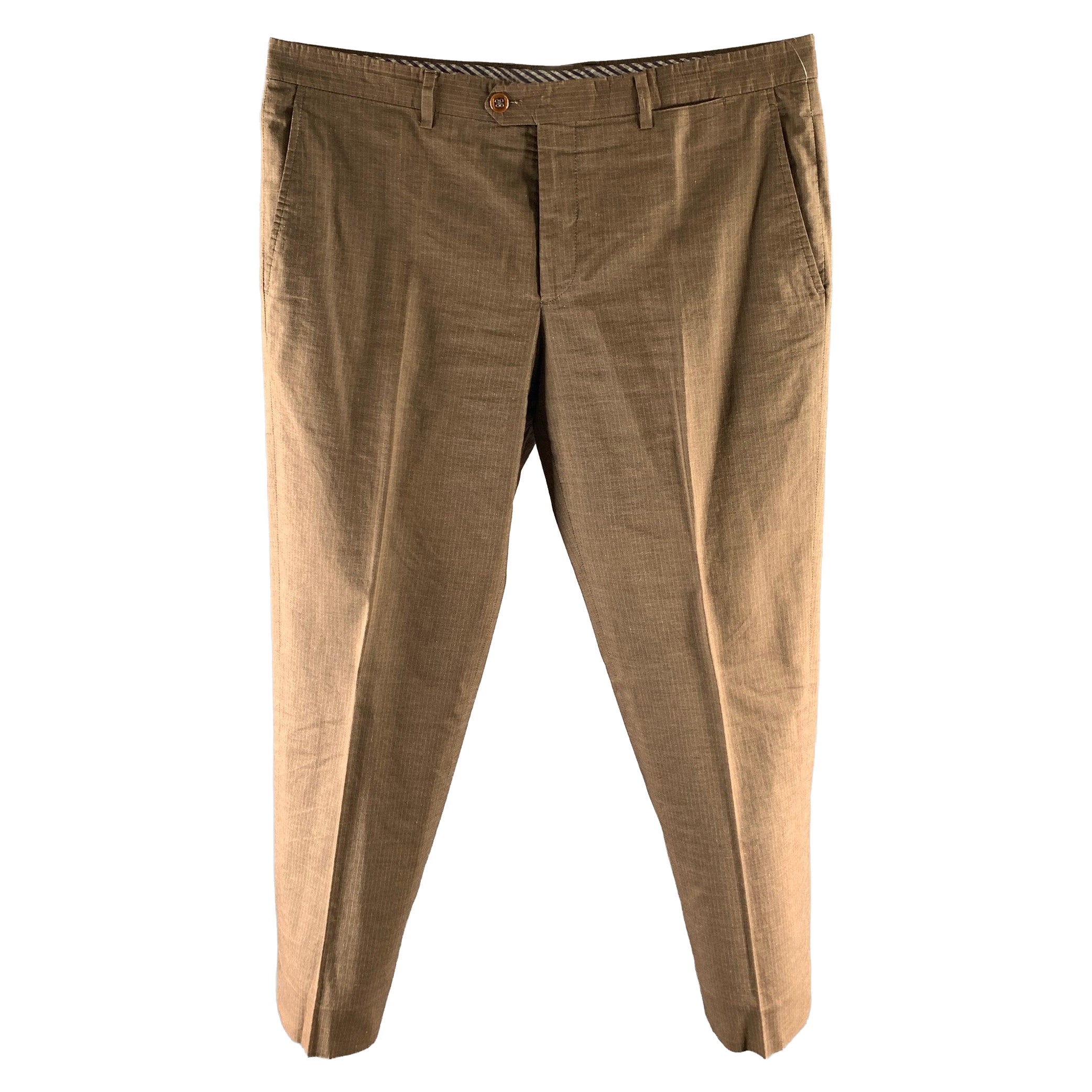 ETRO Size 38 Brown Stripe Cotton Linen Blend Flat Front Casual Pants For Sale