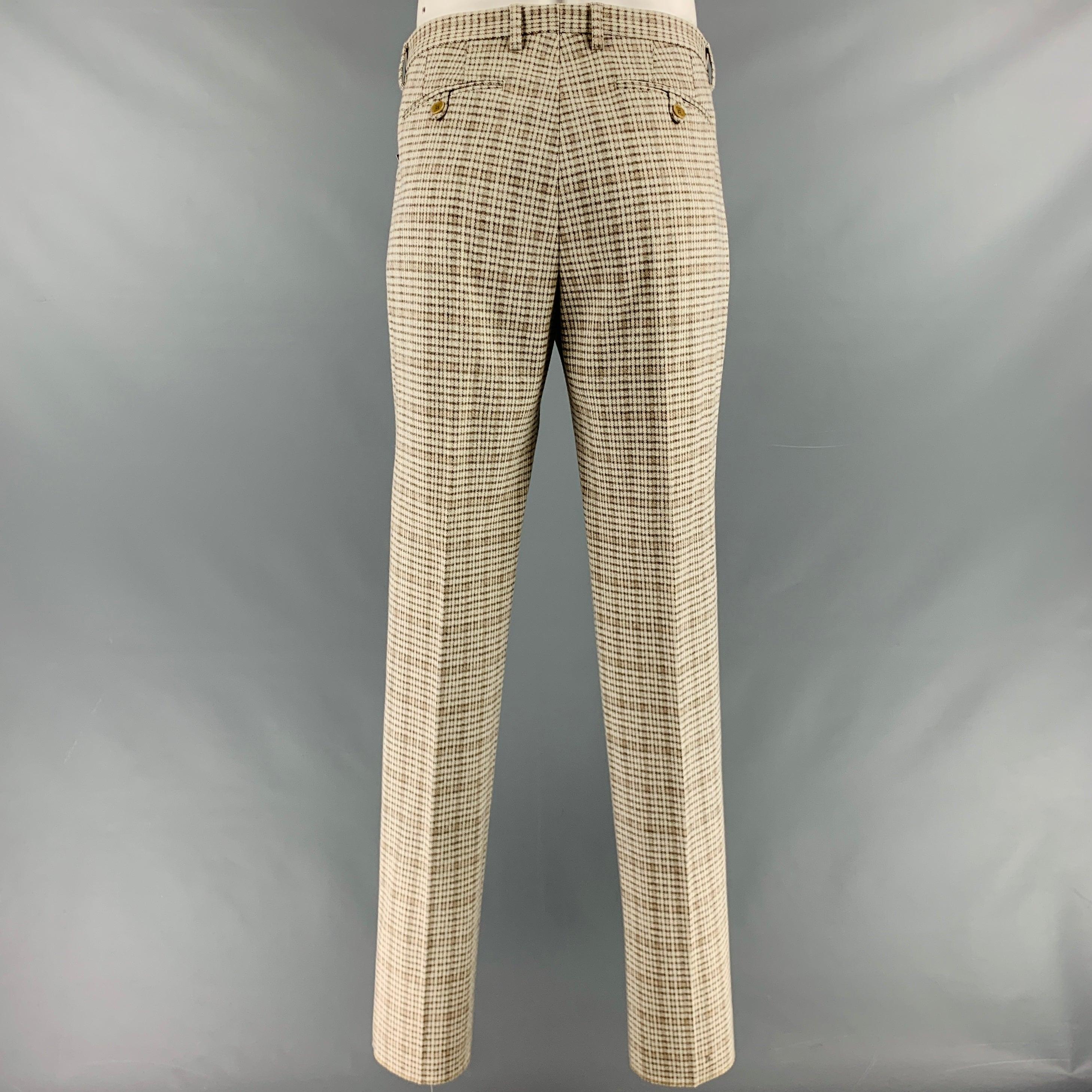 ETRO Size 38 Grey Taupe Houndstooth Cotton Wool Flat Front Dress Pants In Excellent Condition For Sale In San Francisco, CA