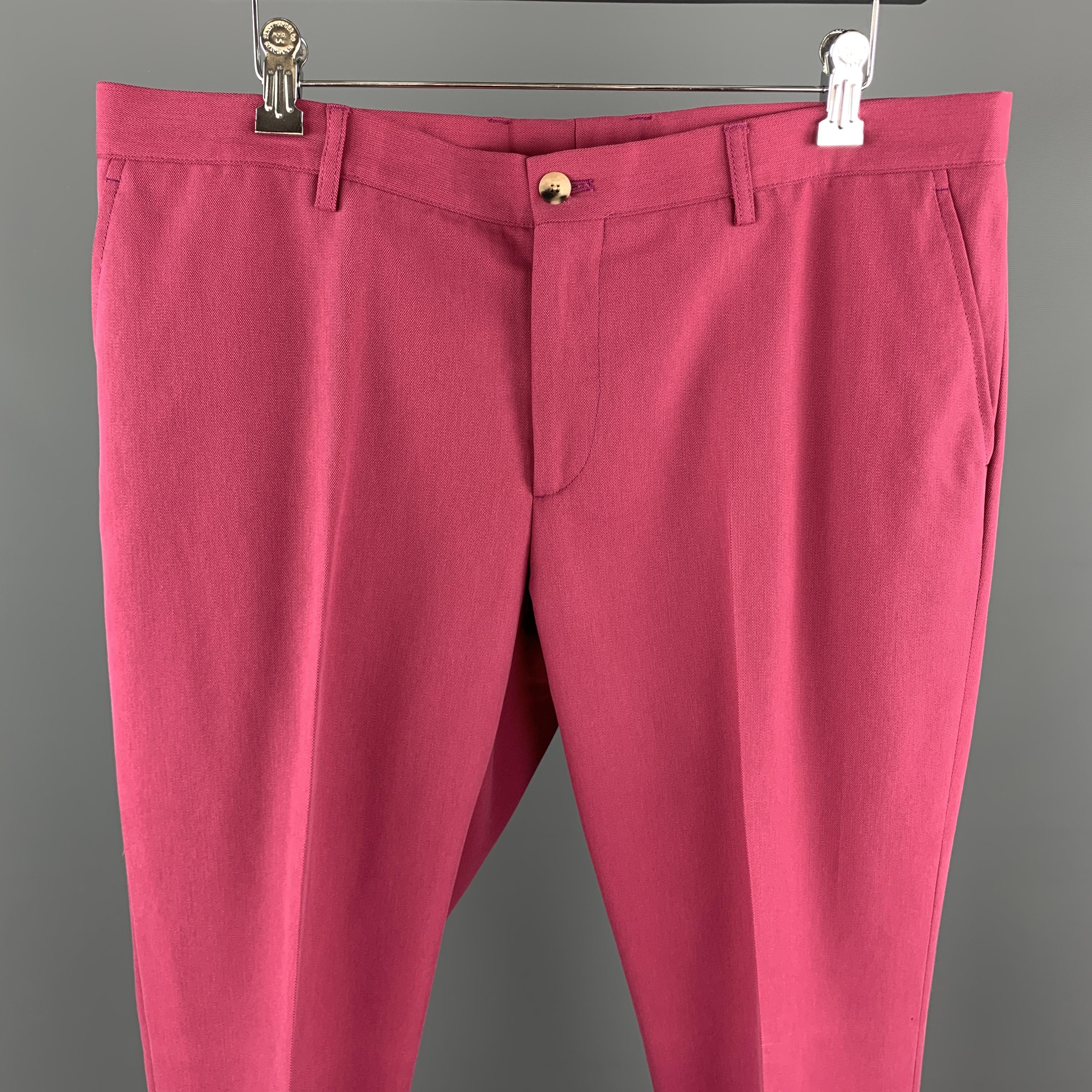 ETRO casual pants come in a muted raspberry pink cotton blend pique material with a flat front, and zip fly. Made in Italy.

Excellent Pre-Owned Condition.
Marked: IT 54

Measurements:

Waist: 38 in.
Rise: 10 in.
Inseam: 32 in.