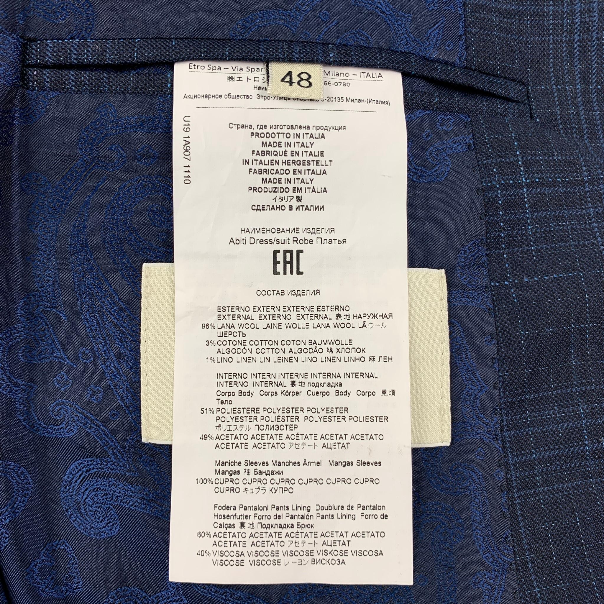 ETRO Size 38 Navy Blue Plaid Wool Blend Notch Lapel Suit In Excellent Condition In San Francisco, CA