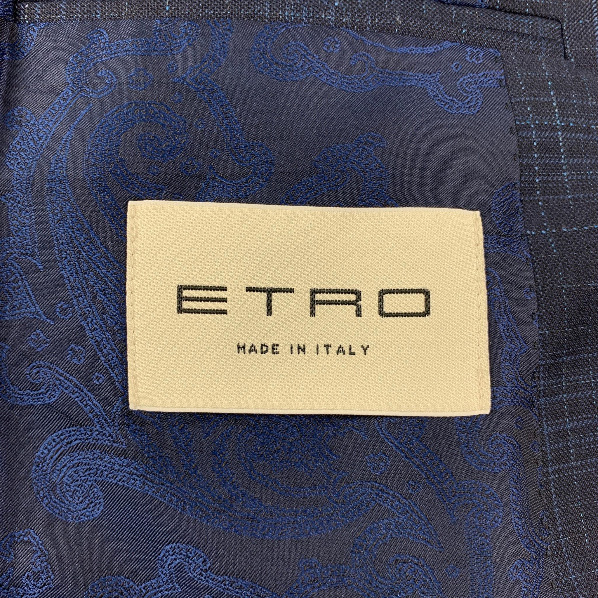Men's ETRO Size 38 Navy Blue Plaid Wool Blend Notch Lapel Suit