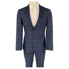 ETRO Size 38 Navy Blue Plaid Wool Blend Notch Lapel Suit