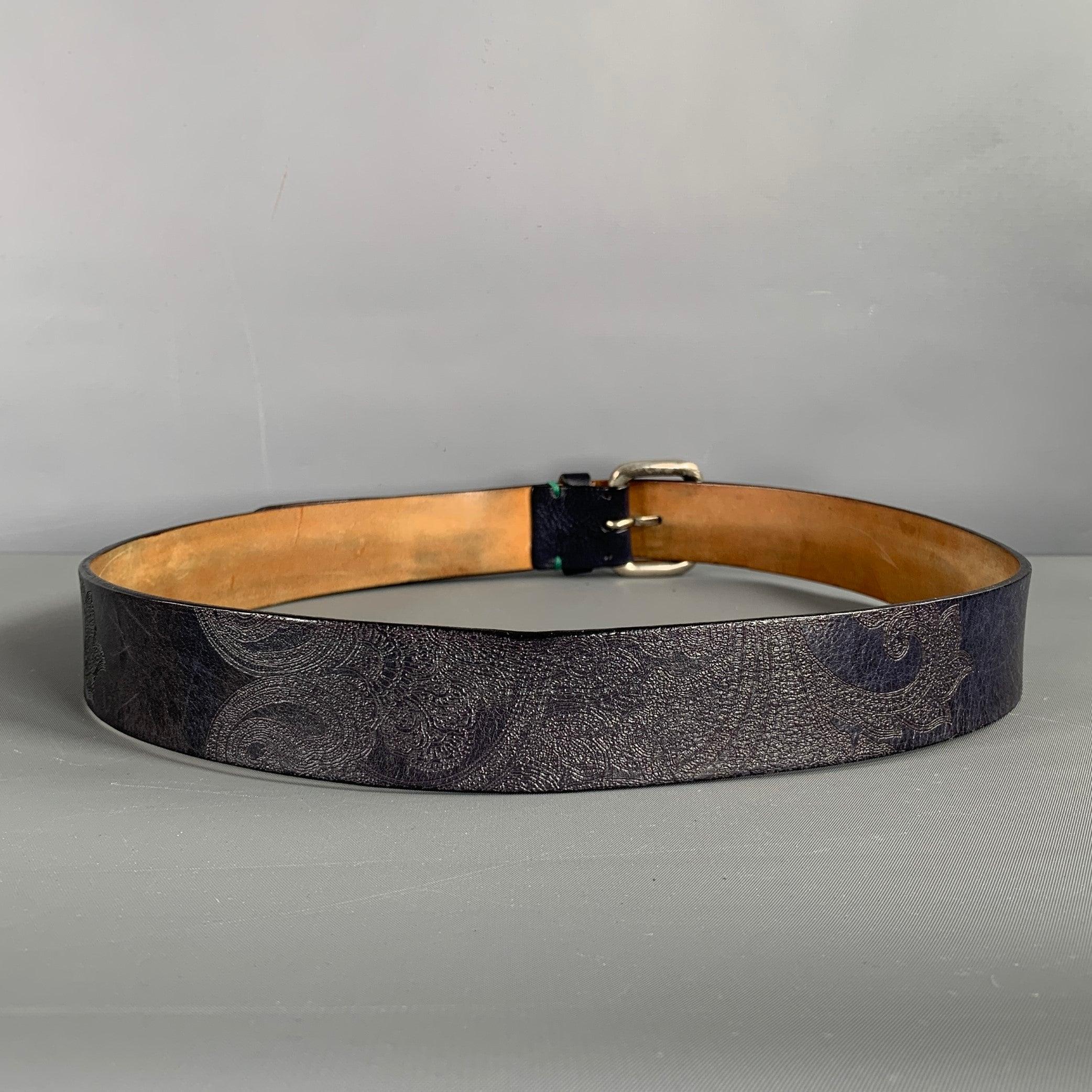 Black ETRO Size 38 Navy Green Paisley Leather Belt