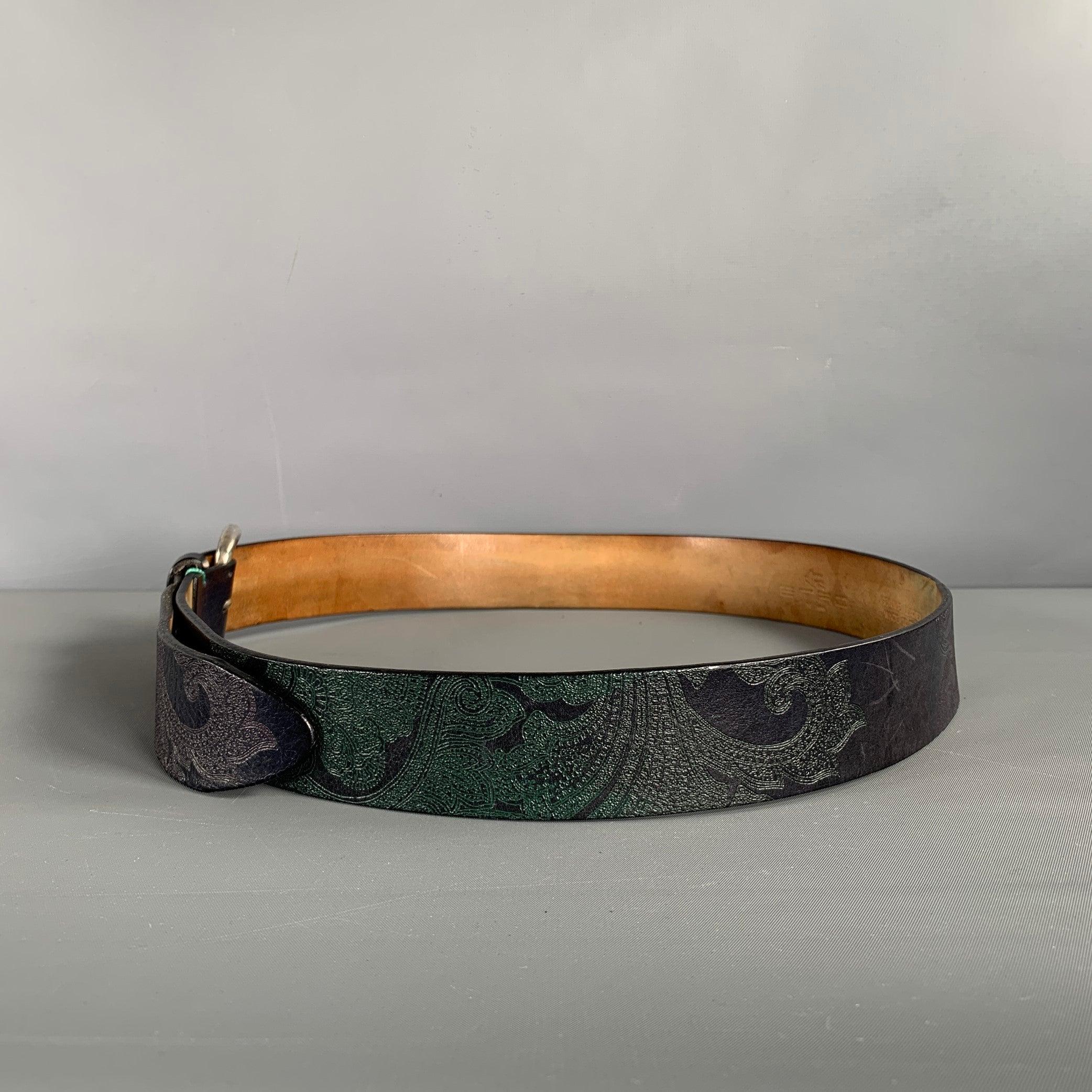 ETRO Size 38 Navy Green Paisley Leather Belt In Good Condition In San Francisco, CA