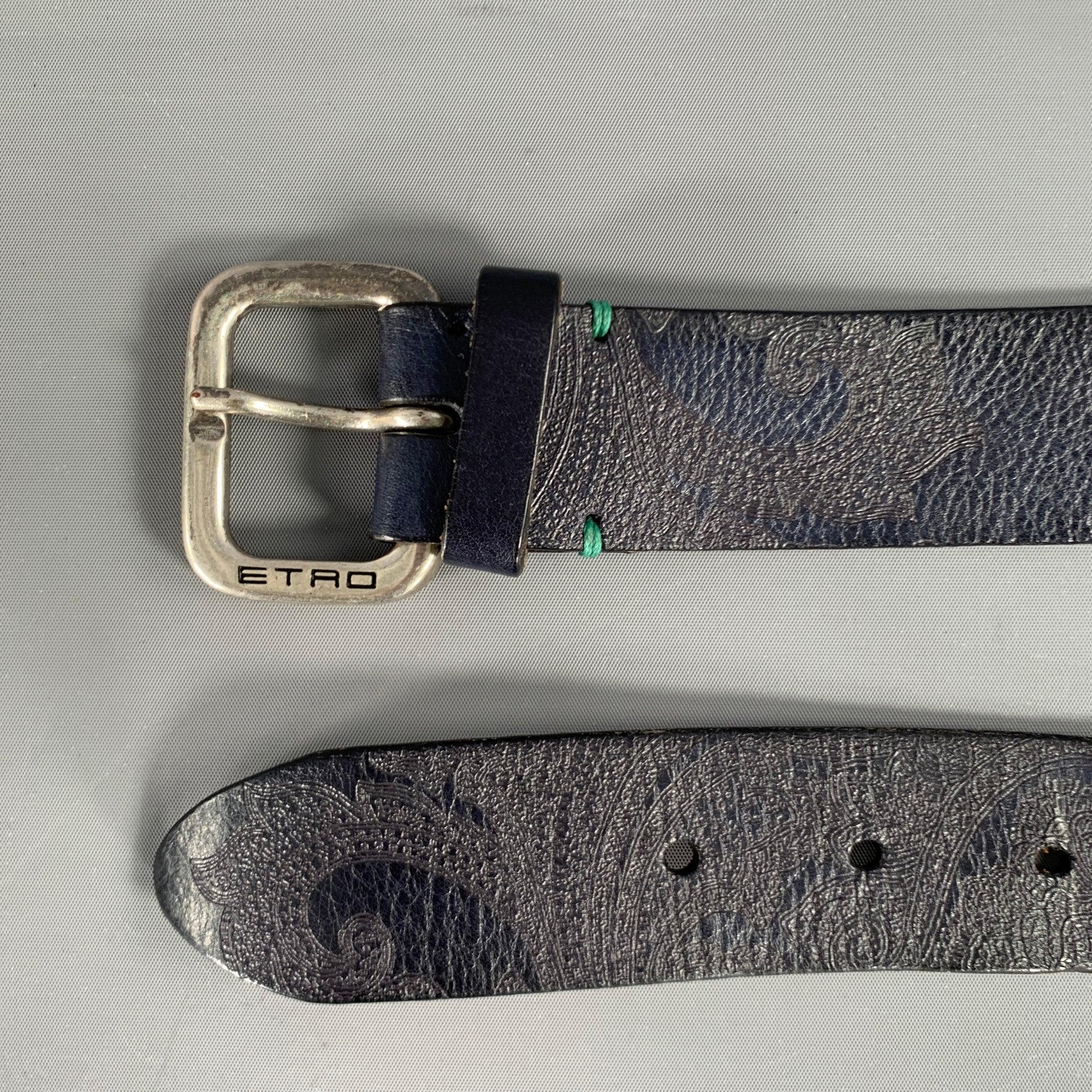 ETRO Size 38 Navy Green Paisley Leather Belt 1