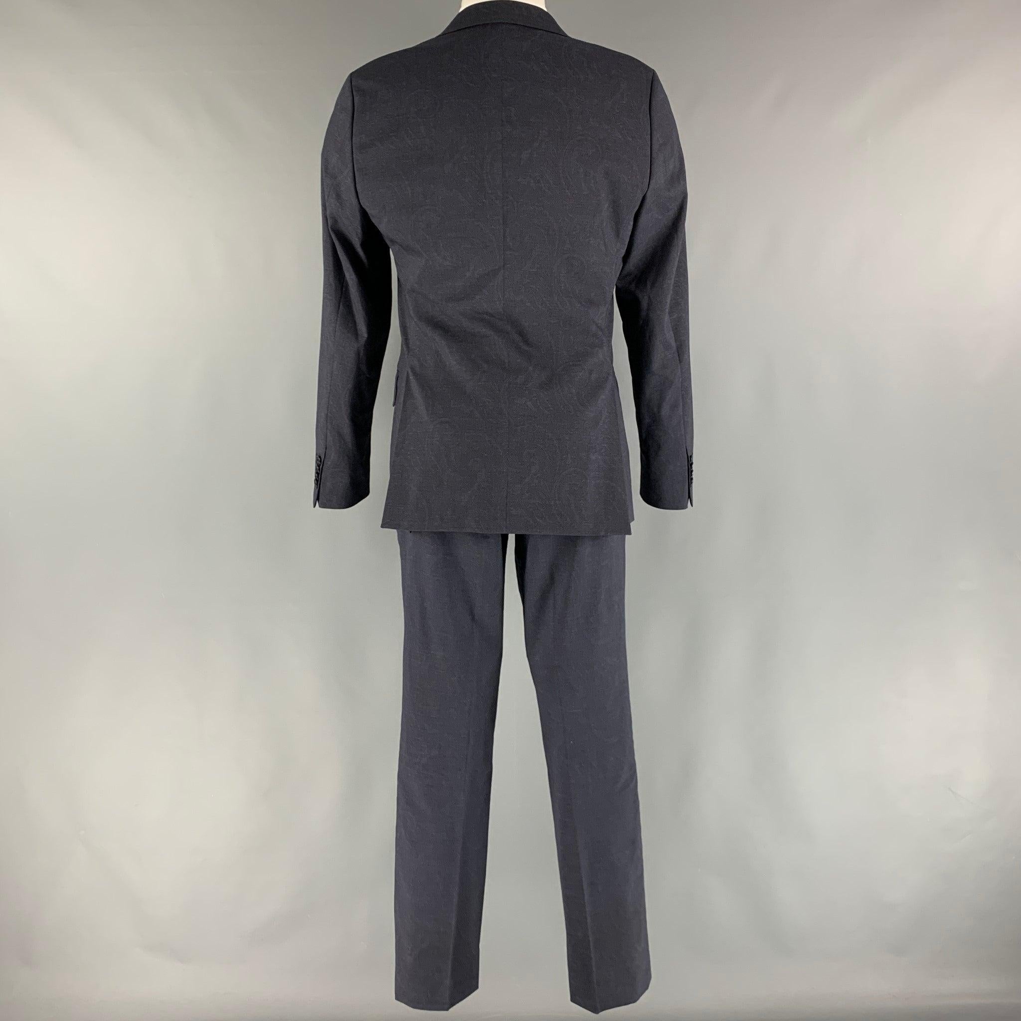Men's ETRO Size 38 Navy Paisley Wool  Elastane Notch Lapel 32 31 Suit For Sale