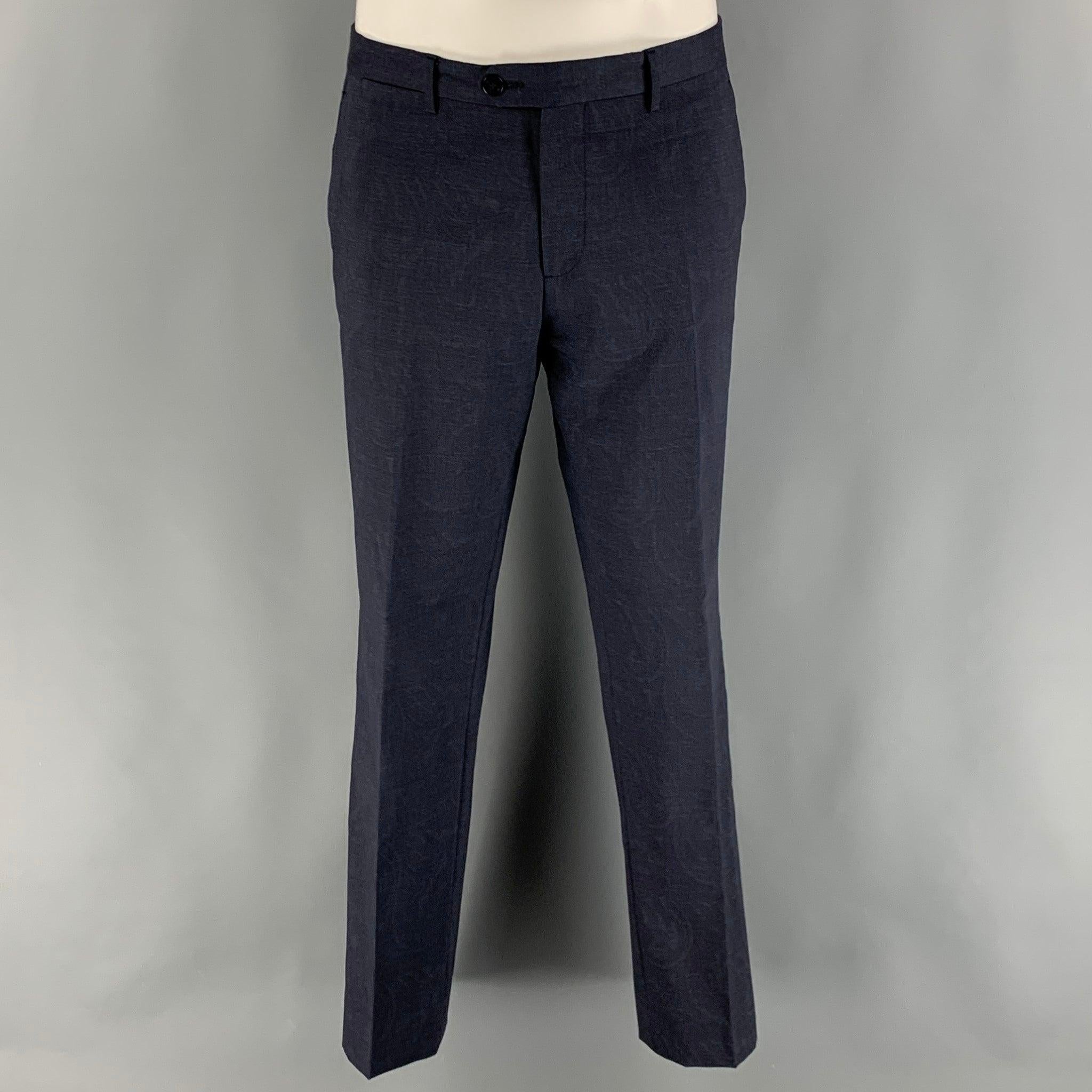 ETRO Size 38 Navy Paisley Wool  Elastane Notch Lapel 32 31 Suit For Sale 1