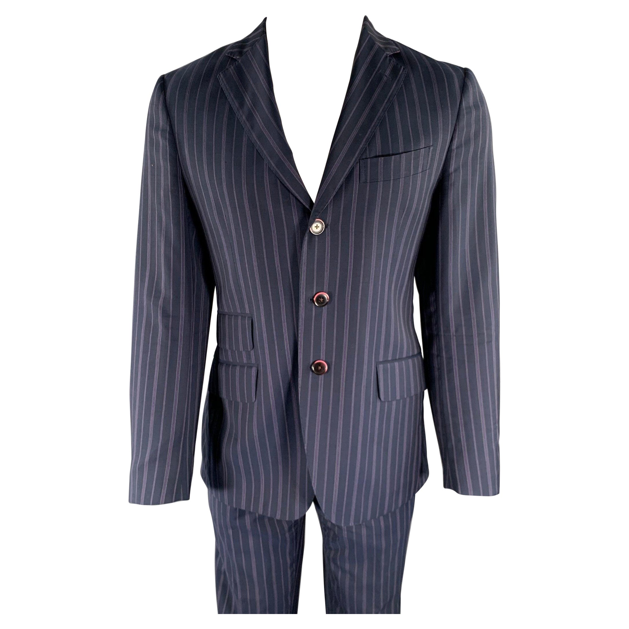 Pre-owned Etro Size 38 Navy Purple Pinstripe Wool Notch Lapel Suit