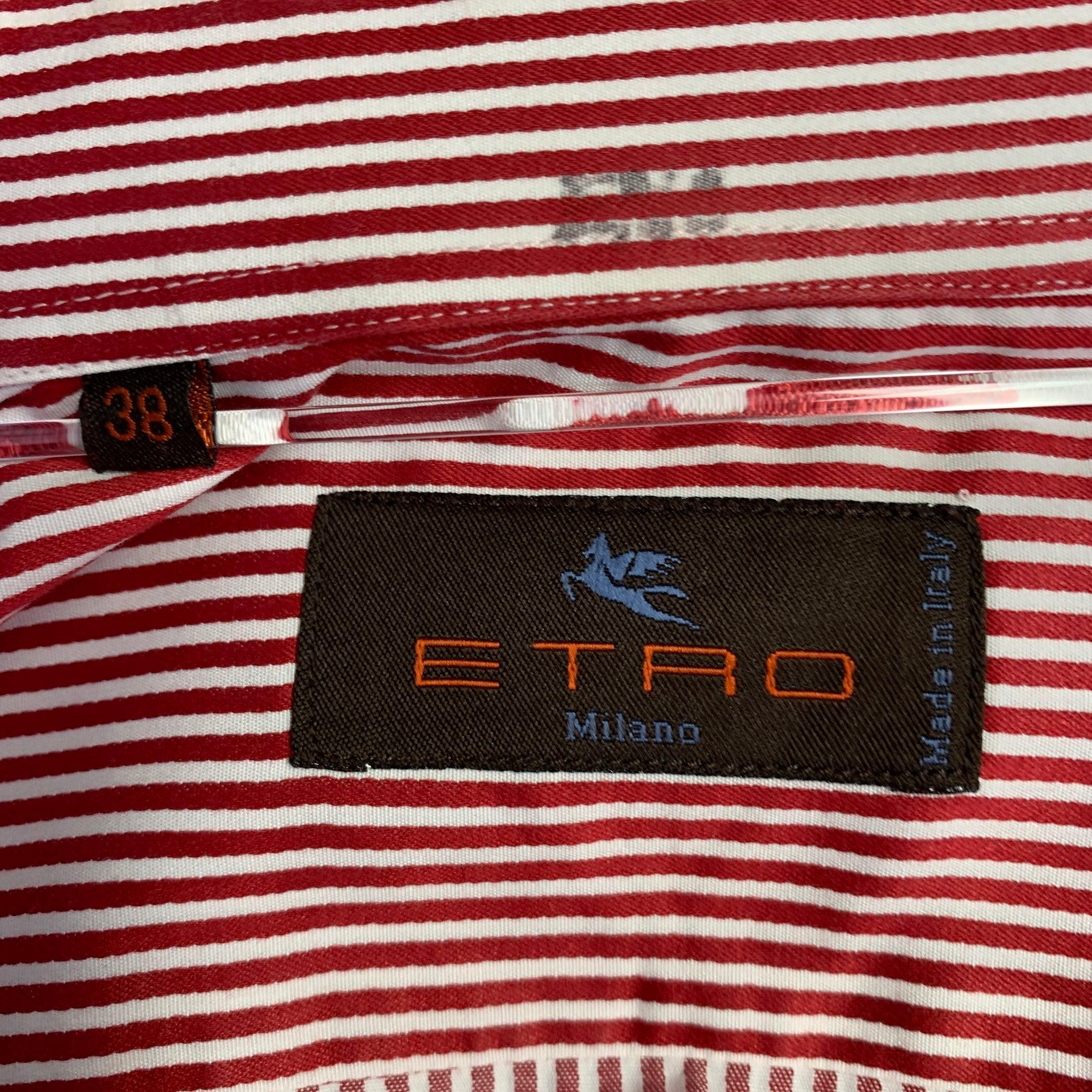 Men's ETRO Size 38 Red White Stripe Cotton Spread Collar Long Sleeve Shirt