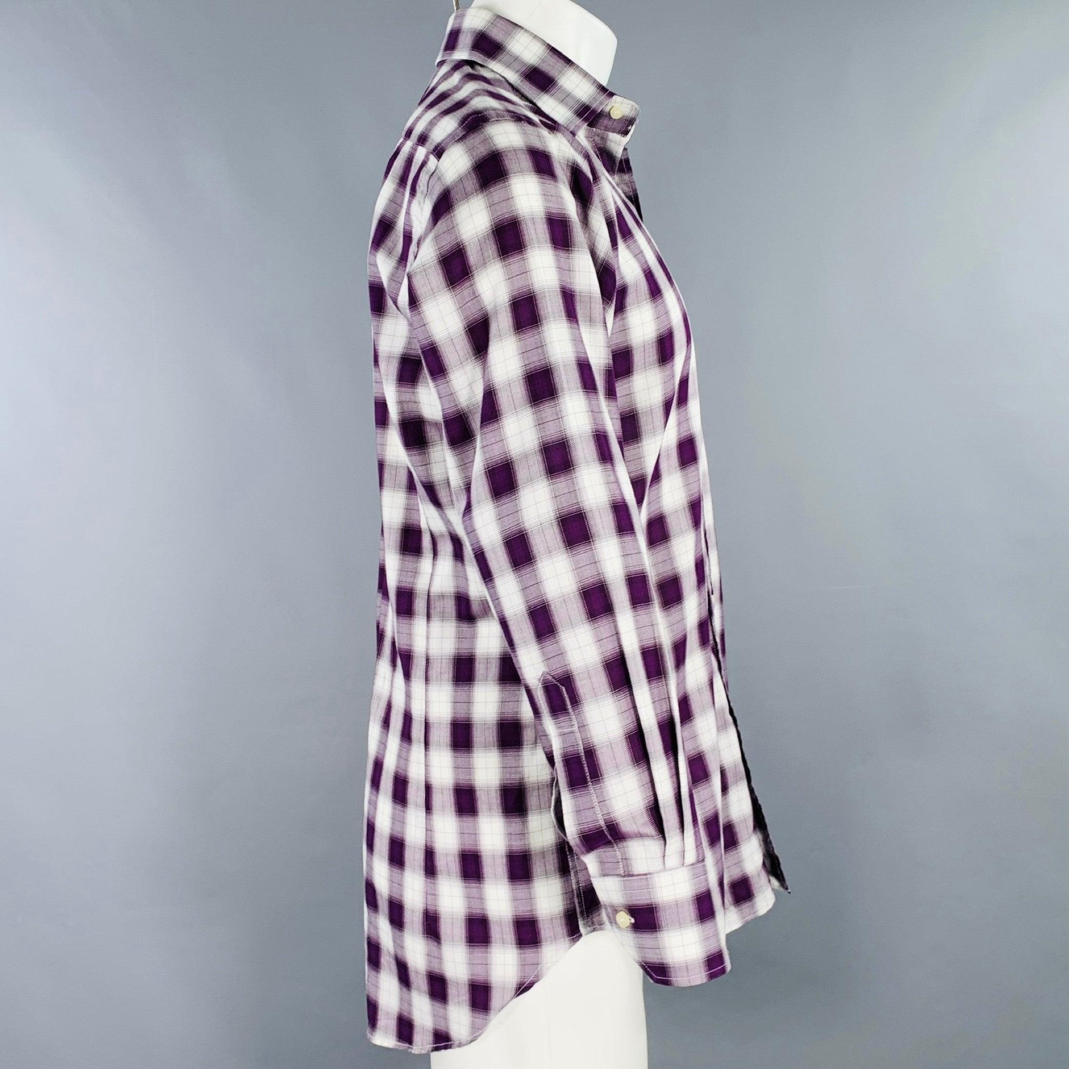 Gray ETRO Size 39 Purple White Plaid Cotton Spread Collar Long Sleeve Shirt For Sale