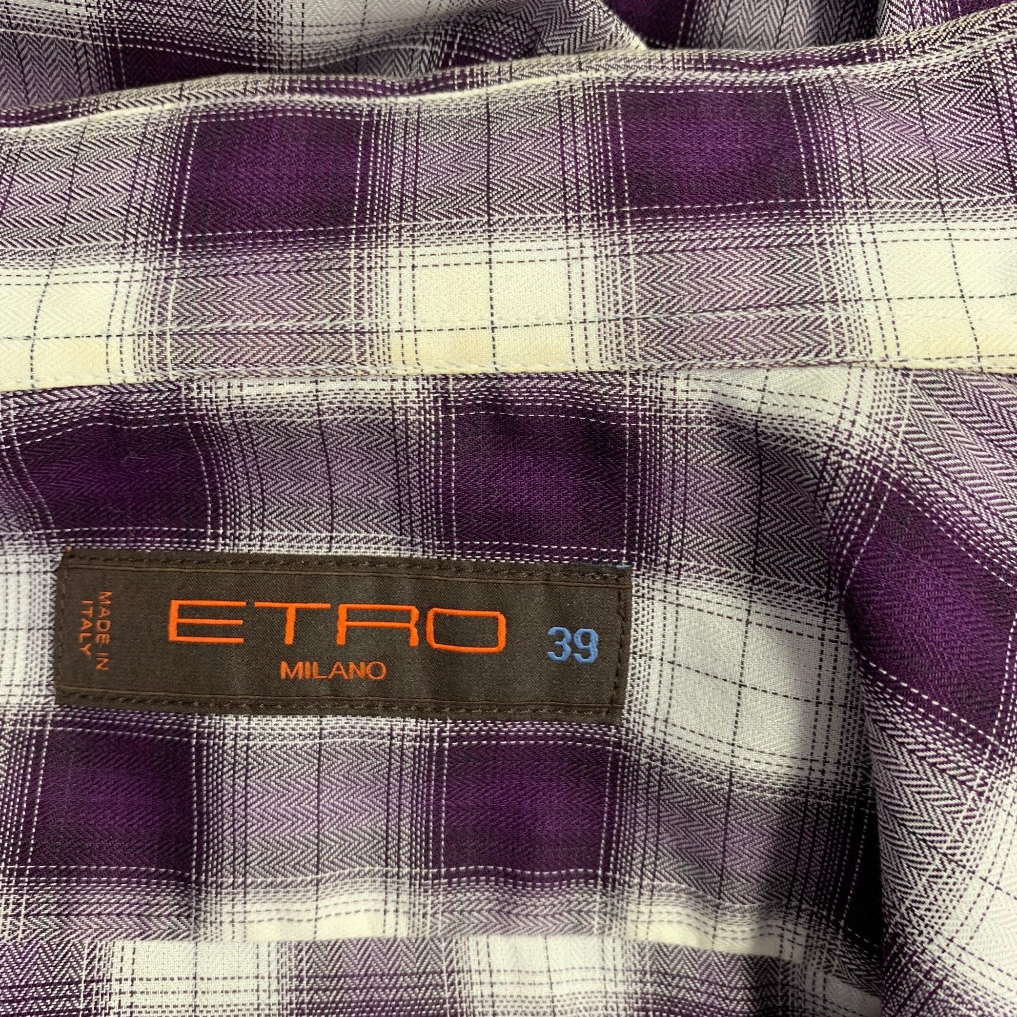 Men's ETRO Size 39 Purple White Plaid Cotton Spread Collar Long Sleeve Shirt For Sale