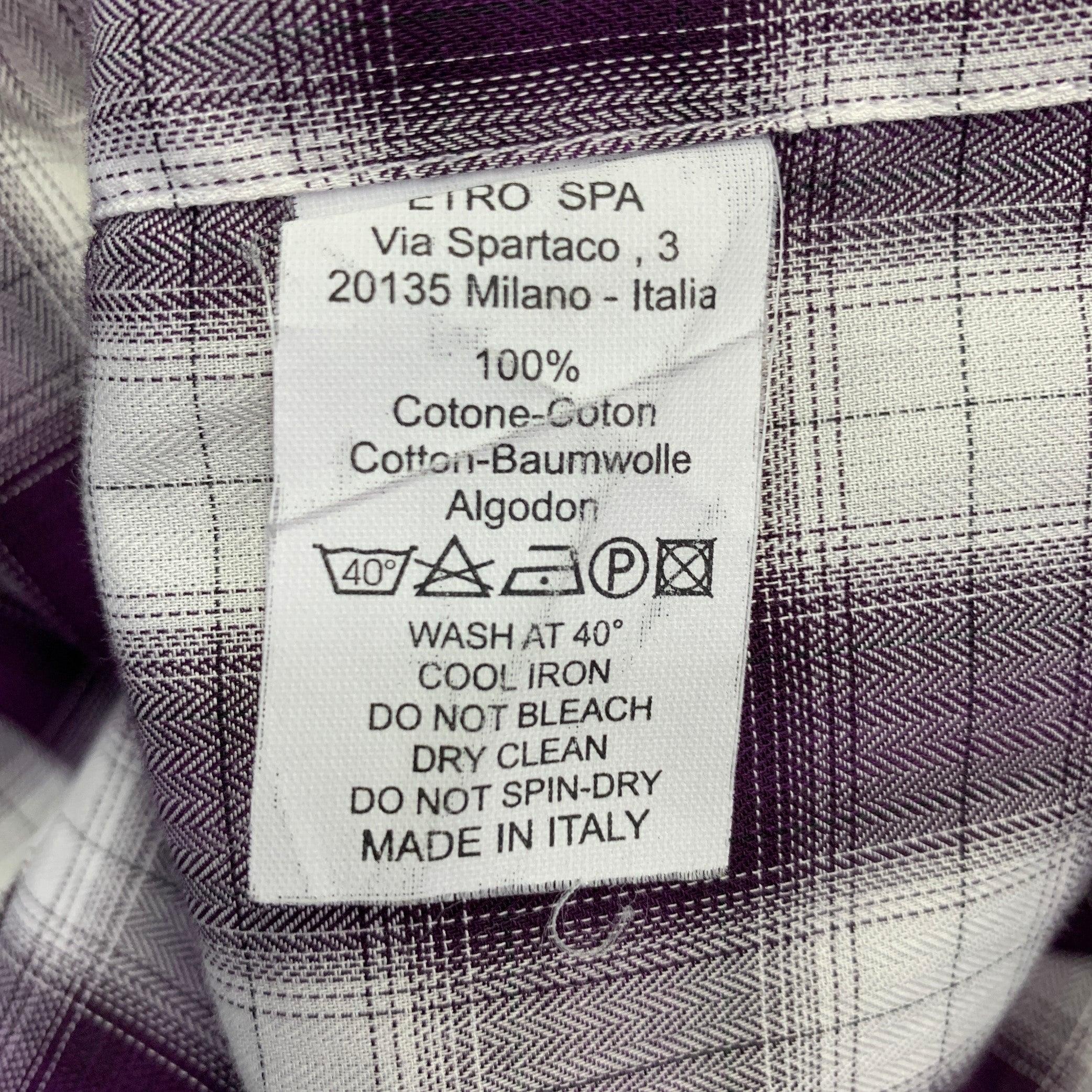 ETRO Size 39 Purple White Plaid Cotton Spread Collar Long Sleeve Shirt For Sale 1