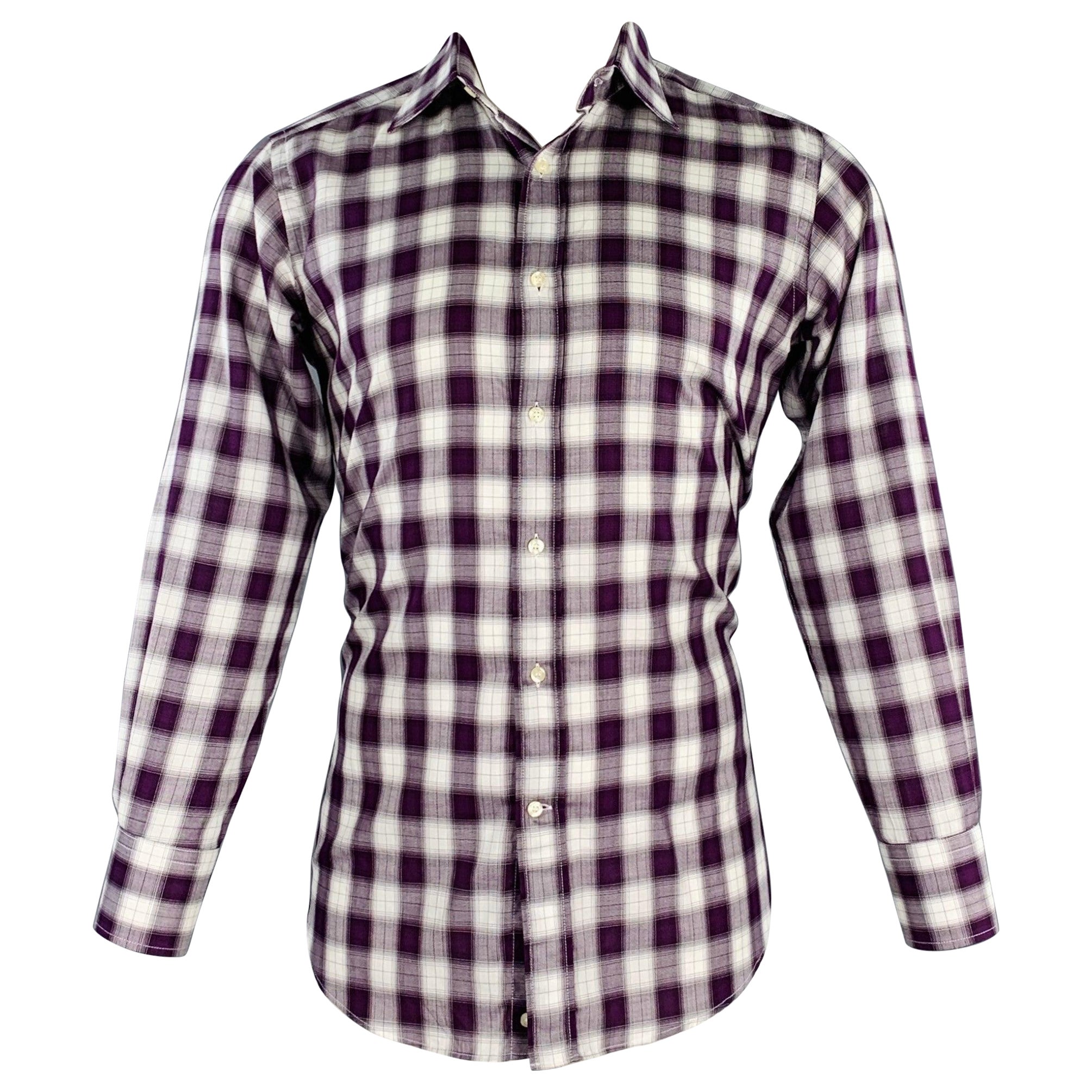 ETRO Talla 39 Púrpura Blanco A cuadros Algodón Cuello Extensible Camisa Manga Larga