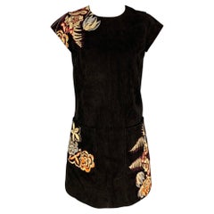 ETRO Größe 4 Schwarzes mehrfarbiges Kleid aus bestickter Ziegenleder mit kurzen Ärmeln