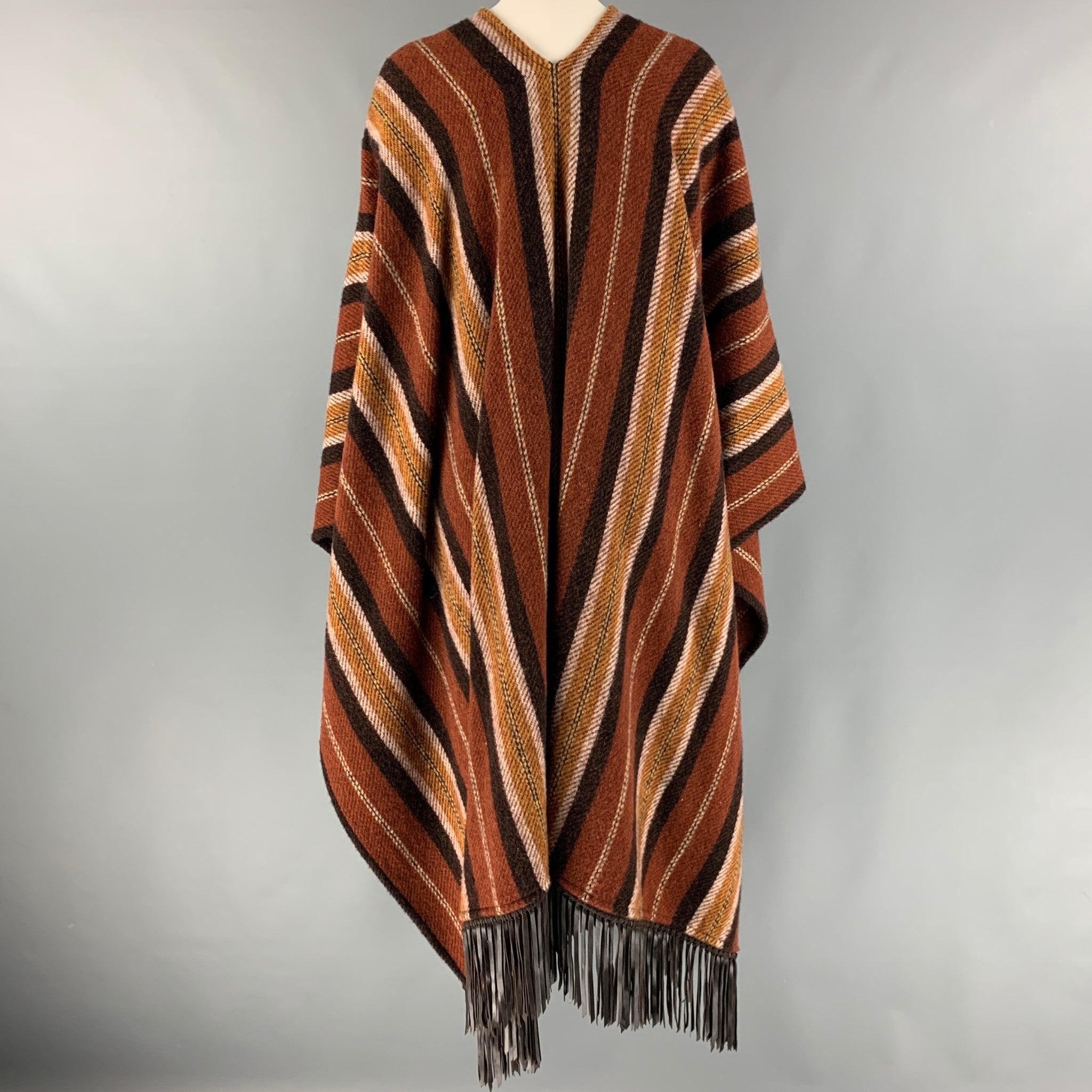 ETRO Size 4 Brown Tan Wool Stripe Leather Trim Poncho Cape In Excellent Condition In San Francisco, CA