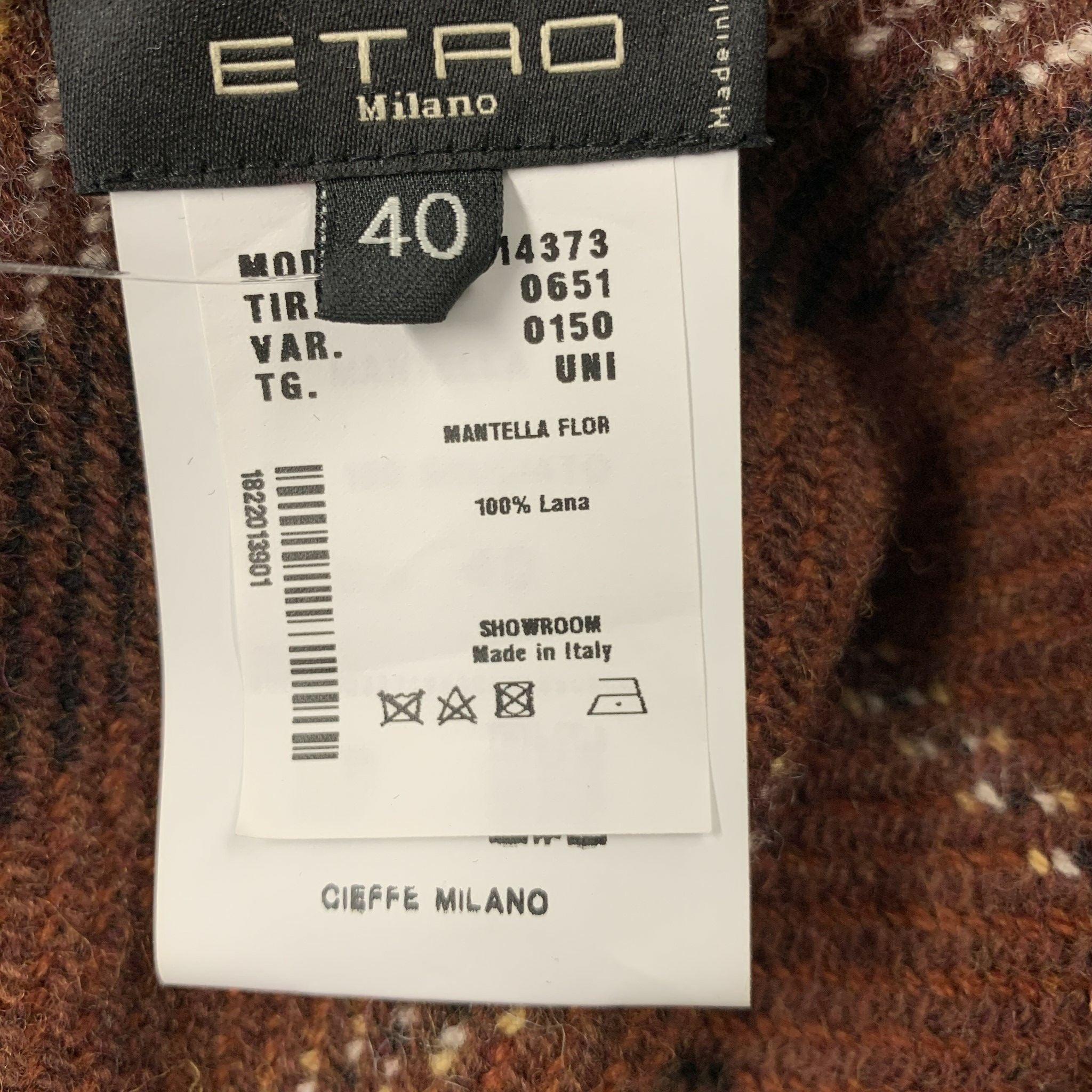 Women's ETRO Size 4 Brown Tan Wool Stripe Leather Trim Poncho Cape