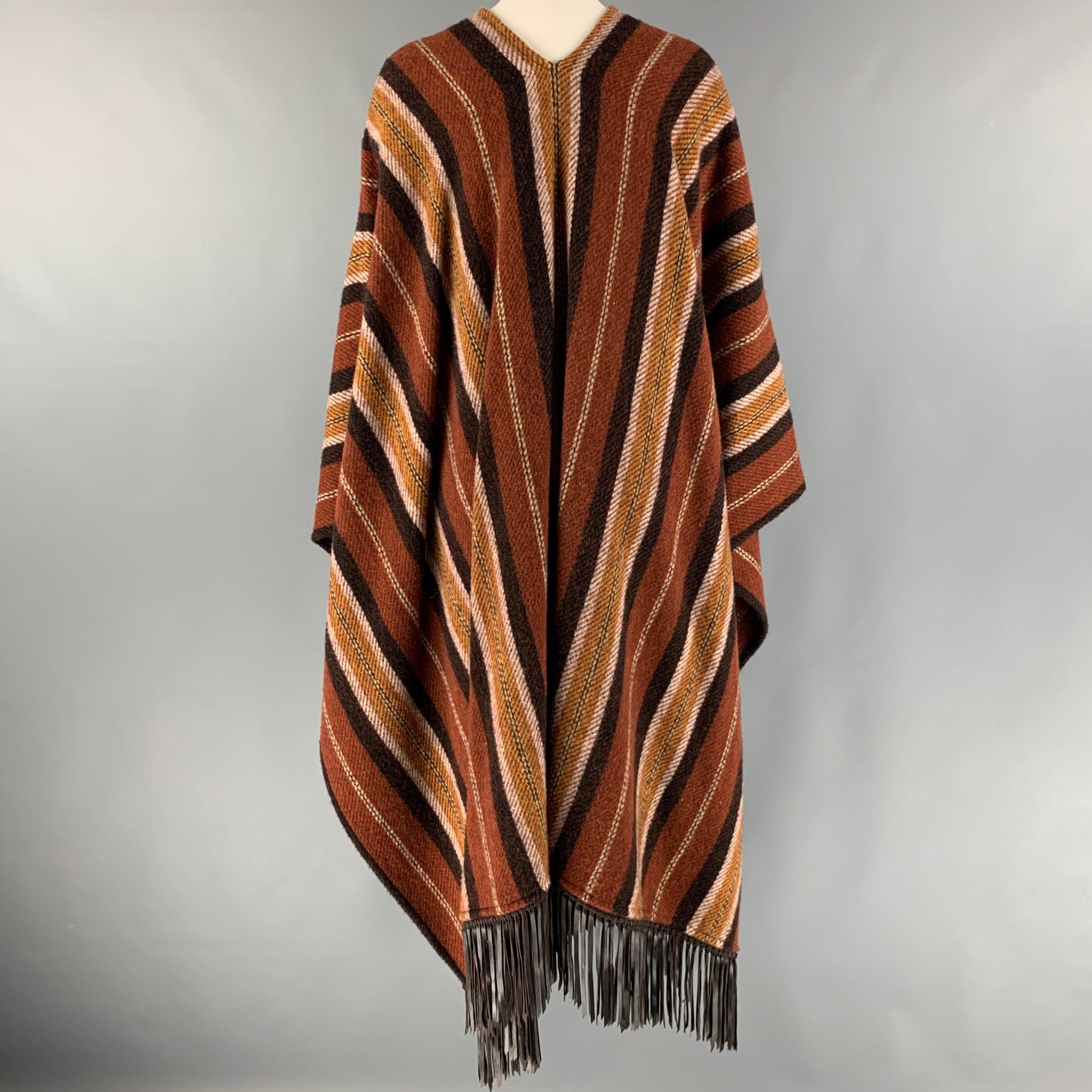 Women's ETRO Size 4 Brown Tan Wool Stripe Leather Trim Poncho Cape