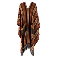 ETRO Size 4 Brown Tan Wool Stripe Leather Trim Poncho Cape