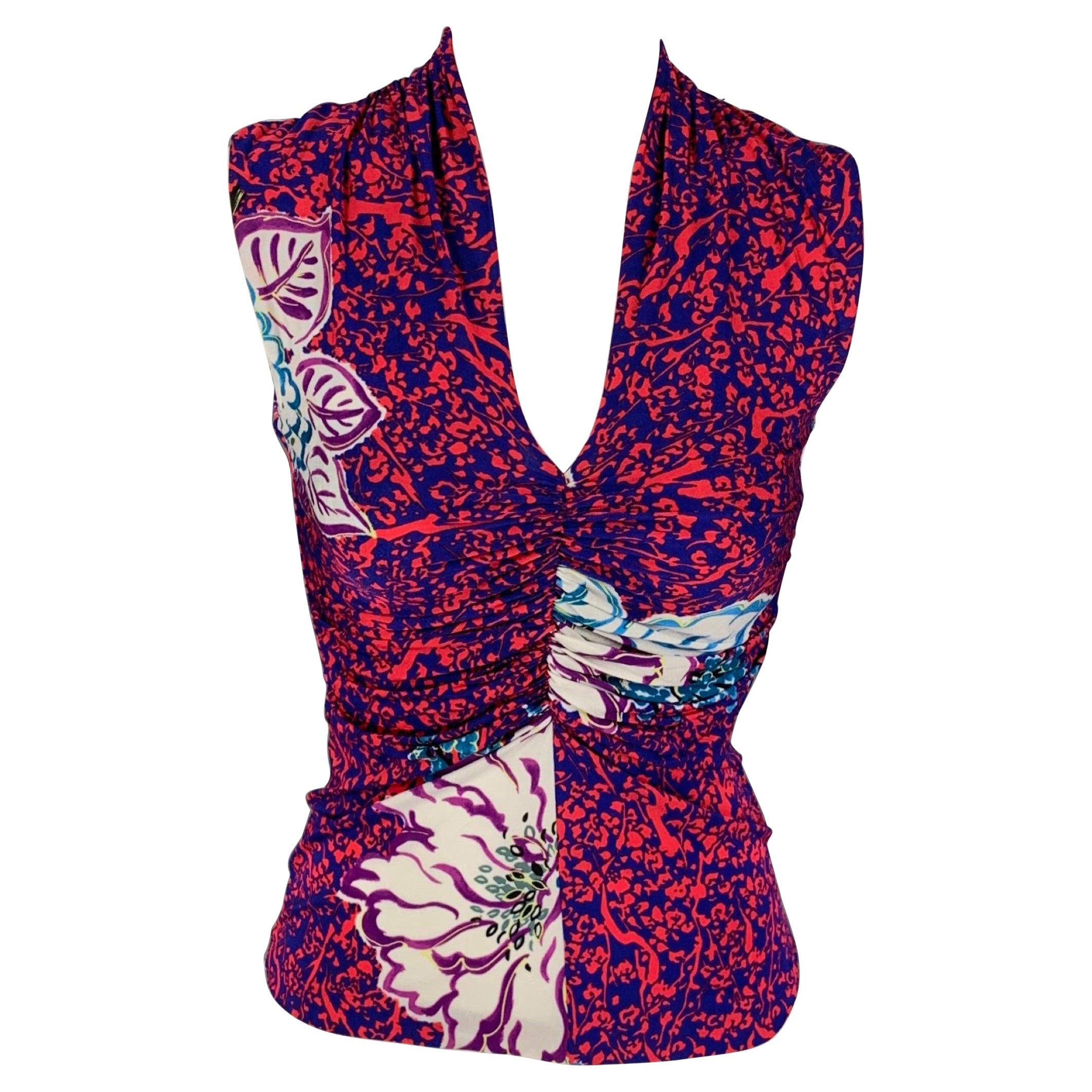 ETRO Top casual senza maniche astratto in viscosa blu corallo taglia 4