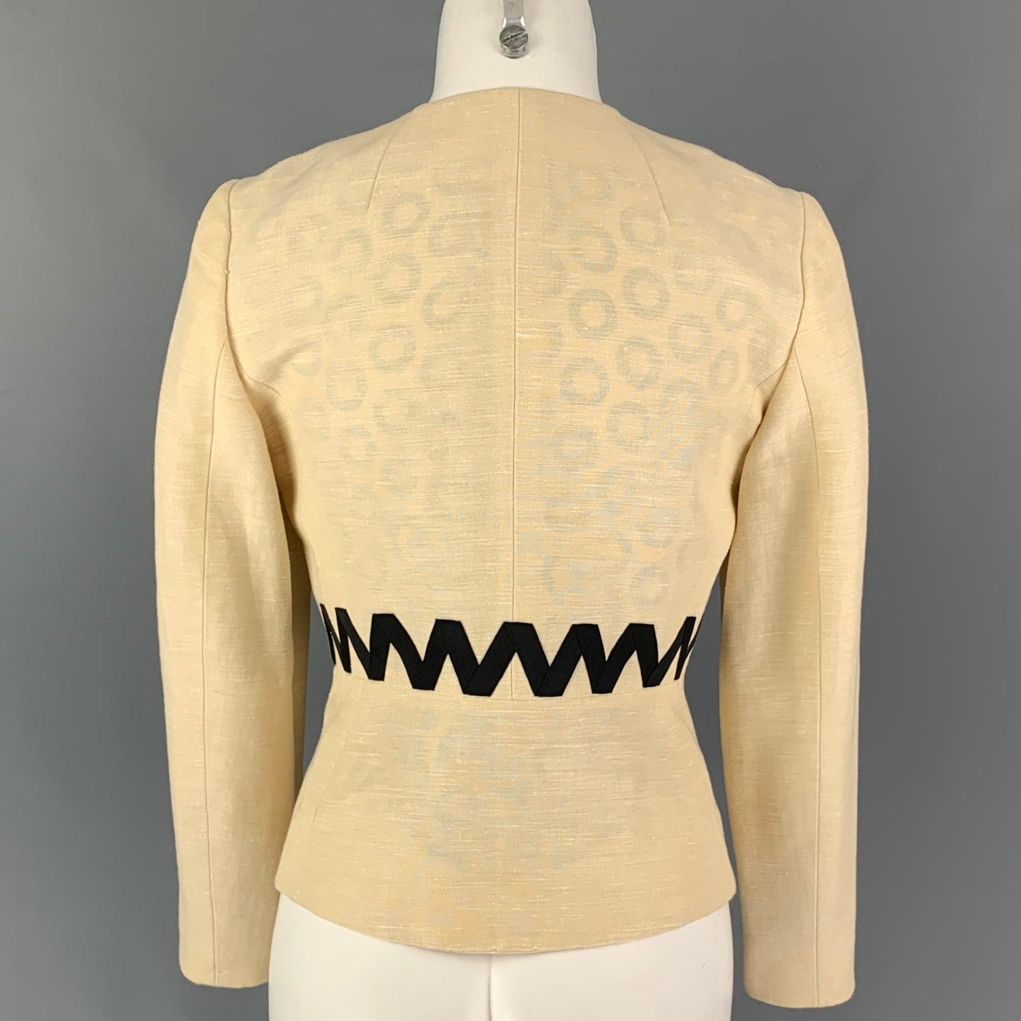 ETRO Size 4 Cream Black Silk Blend Ribbon Collarless Jacket In Good Condition For Sale In San Francisco, CA