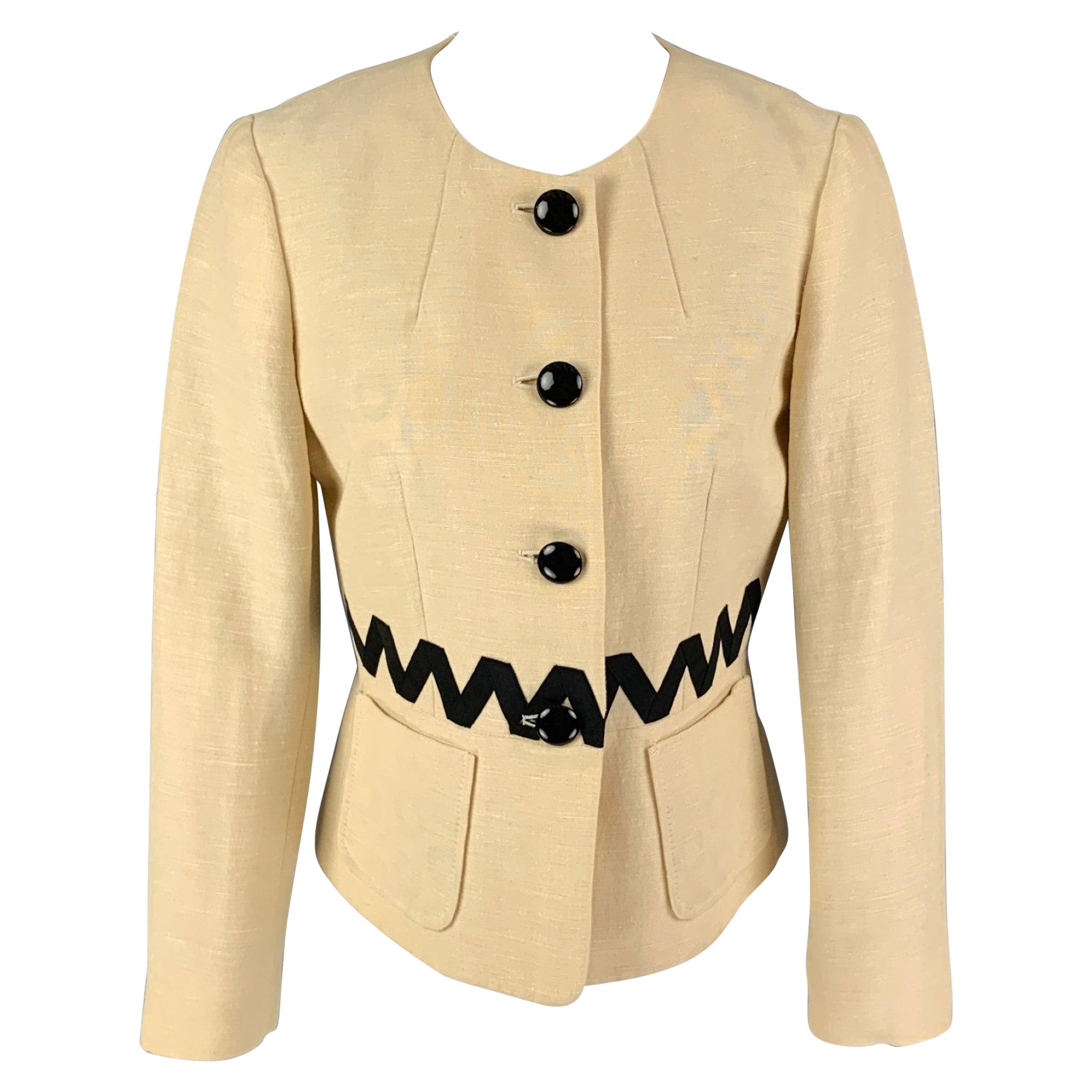 ETRO Taille 4 Veste sans col à ruban en soie mélangée crème et noir