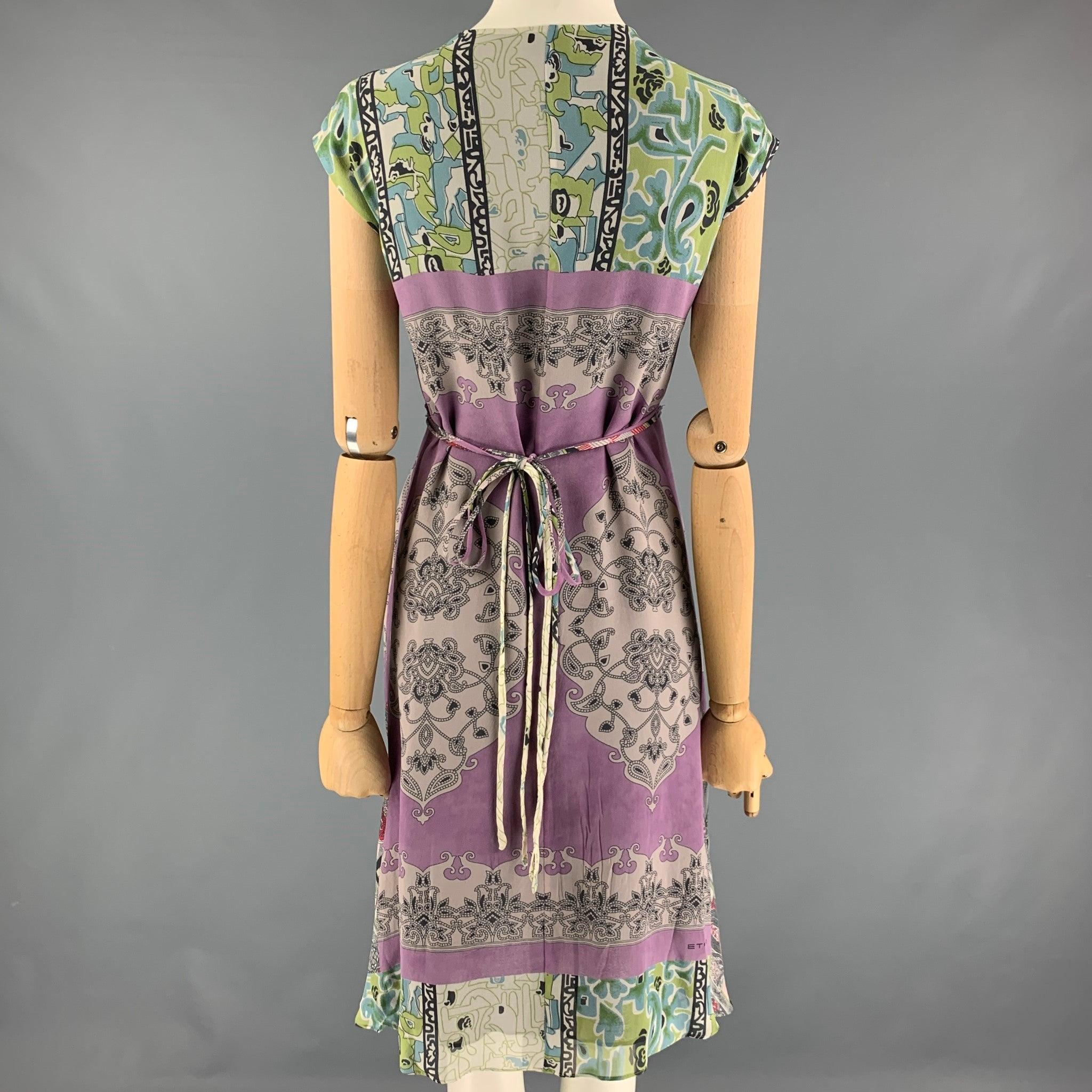 ETRO Size 4 Purple & Green Silk Mixed Patterns Sleeveless Dress In Good Condition In San Francisco, CA